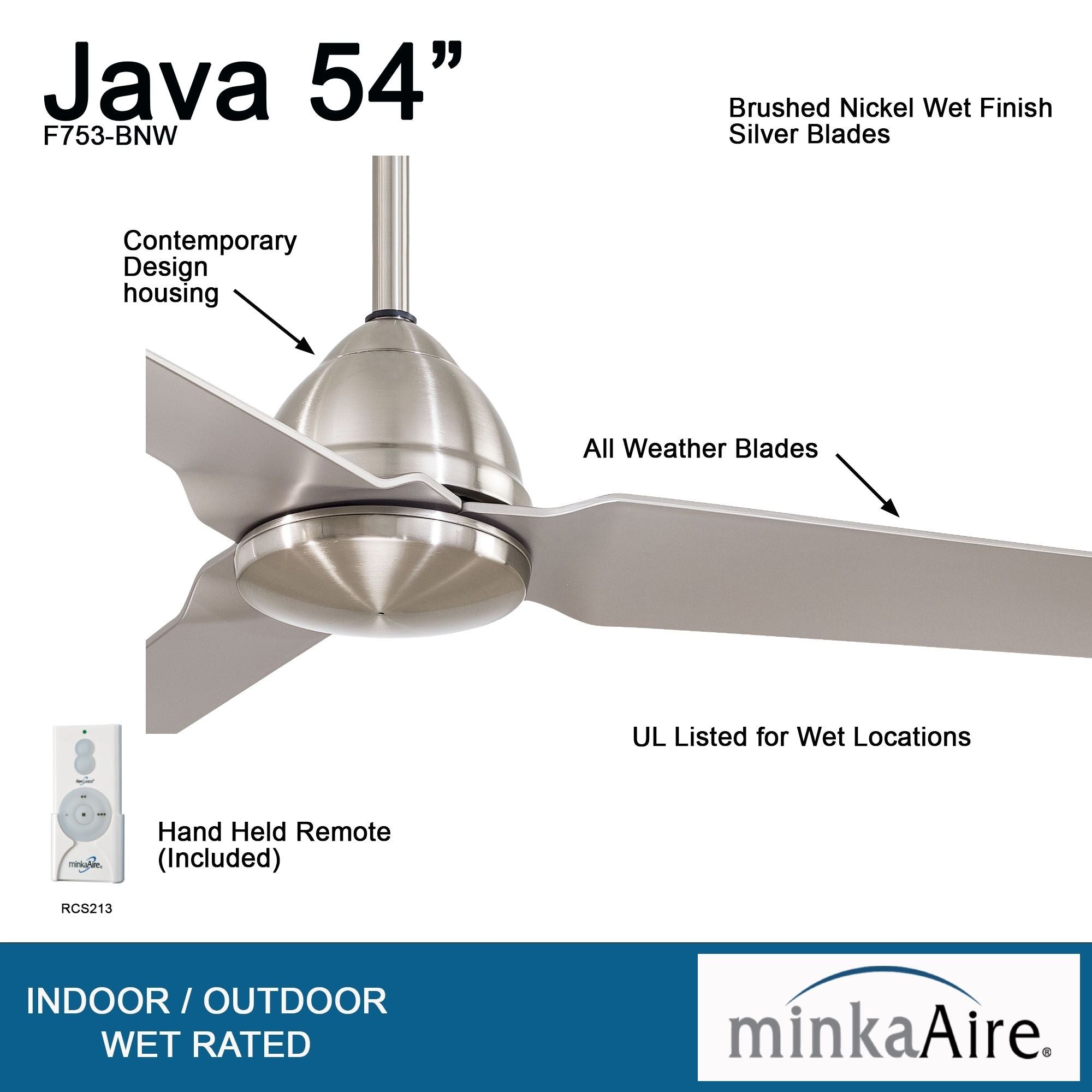 Java 54" Brushed Nickel Wet Rated Ceiling Fan with Remote - Bees Lighting