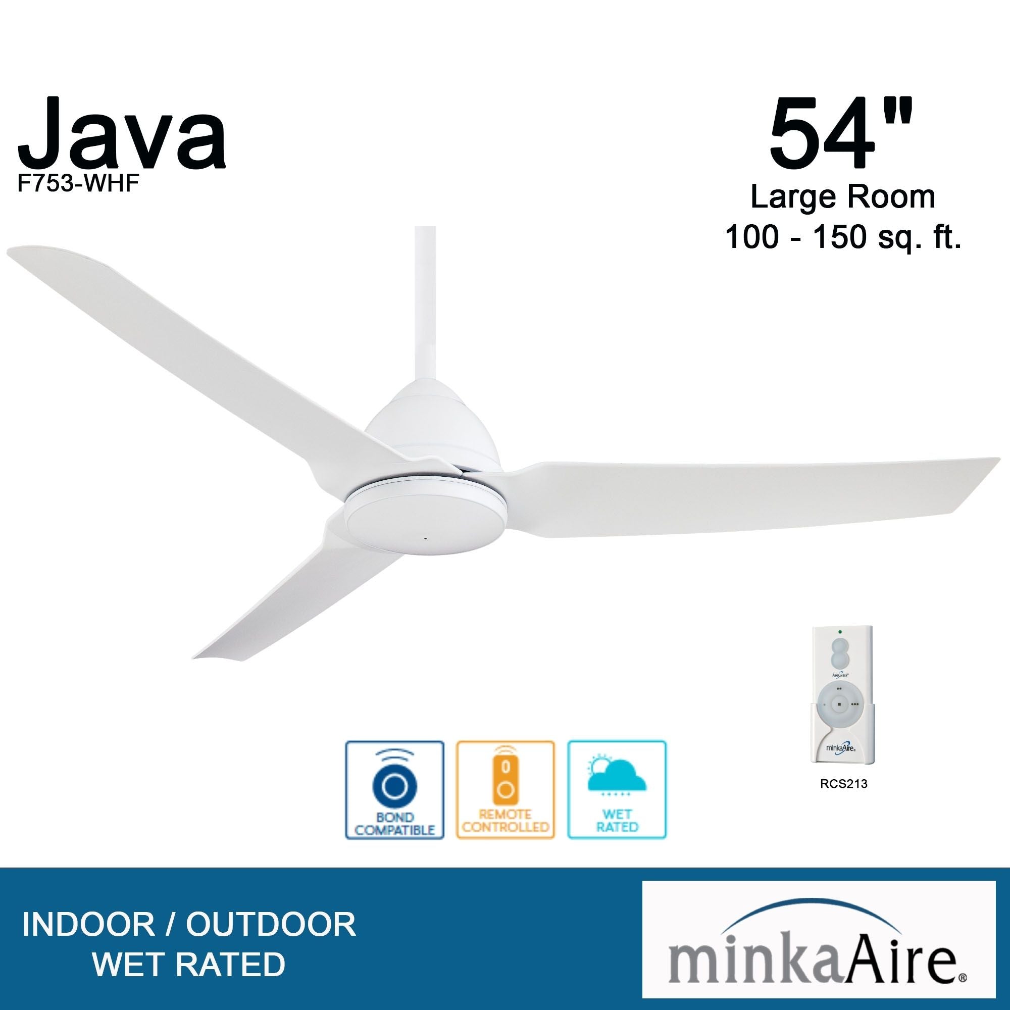 Java 54" Flat White Wet Rated Ceiling Fan with Remote - Bees Lighting
