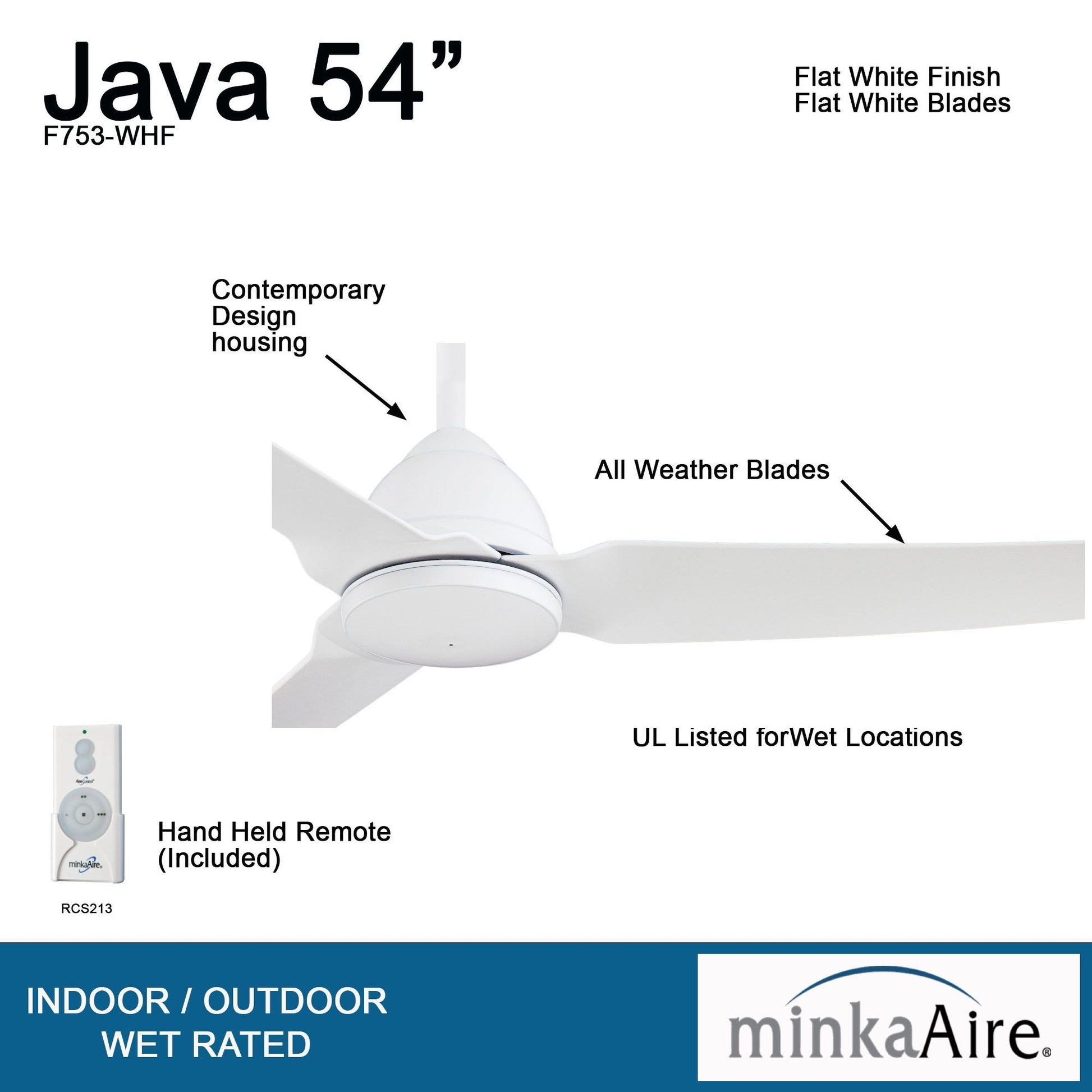 Java 54" Flat White Wet Rated Ceiling Fan with Remote - Bees Lighting