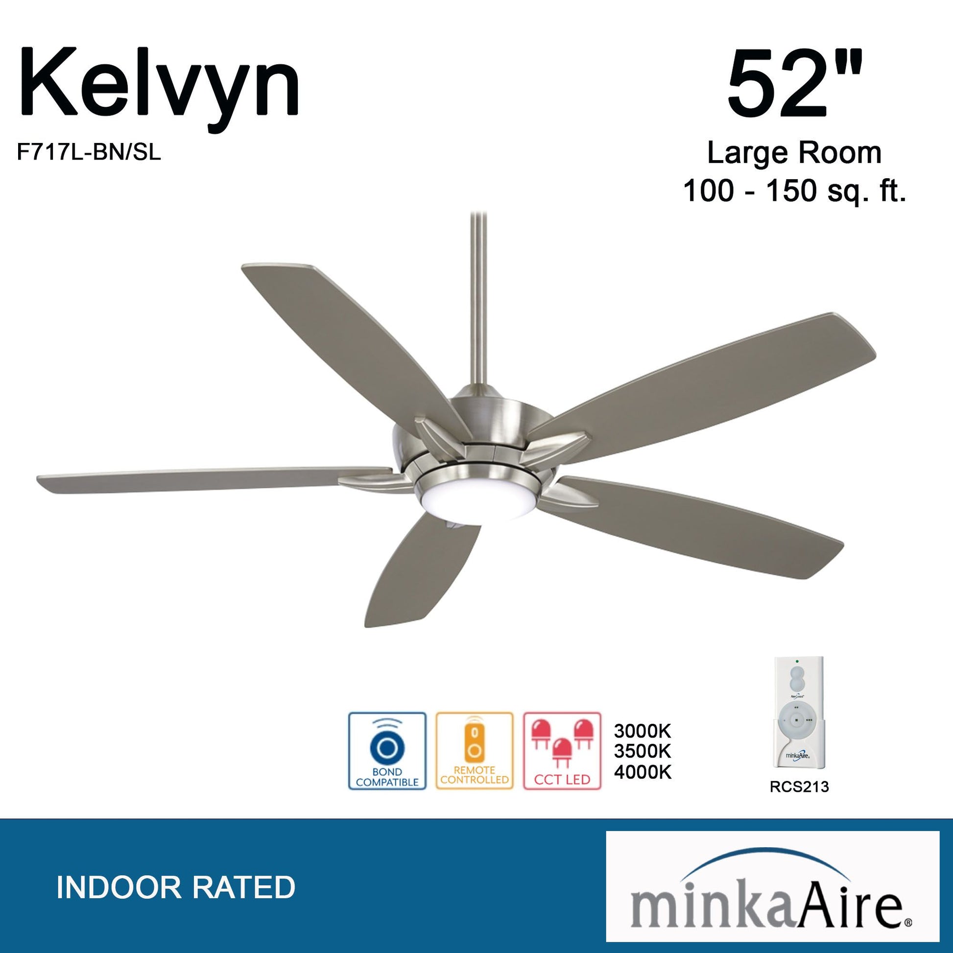 Kelvyn 52" Brushed Nickel Indoor LED Ceiling Fan with Remote Control - Bees Lighting