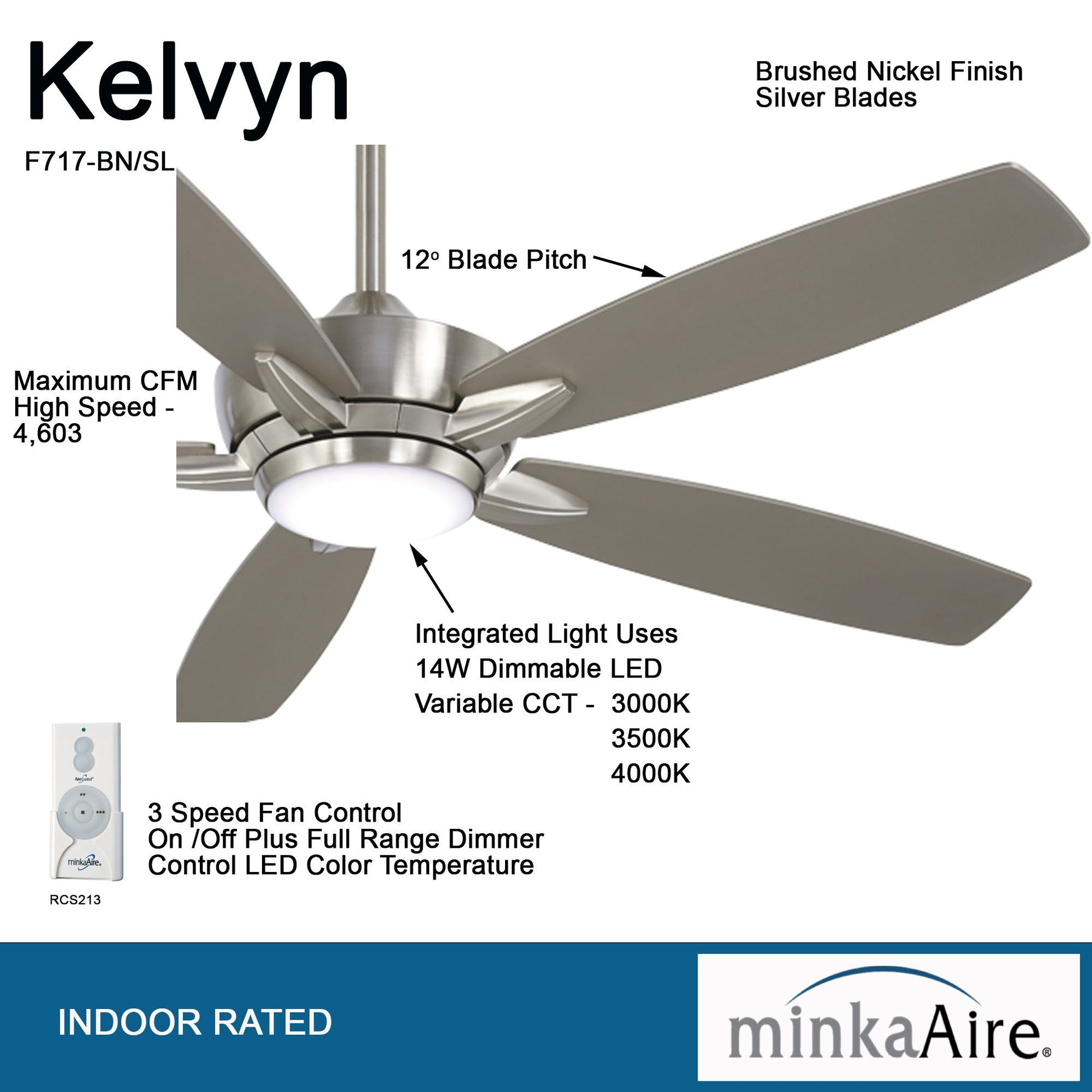 Kelvyn 52" Brushed Nickel Indoor LED Ceiling Fan with Remote Control - Bees Lighting