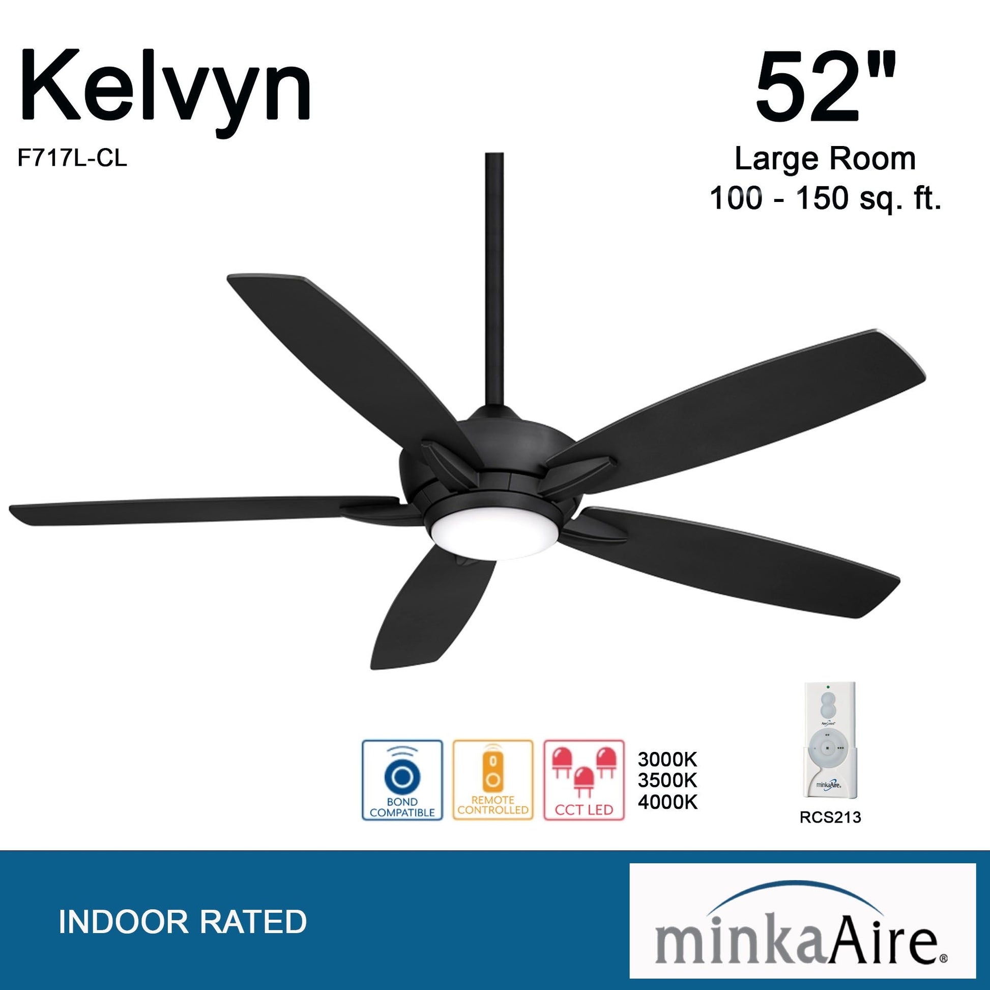 Kelvyn 52" Black Coal Indoor LED Ceiling Fan with Remote Control - Bees Lighting