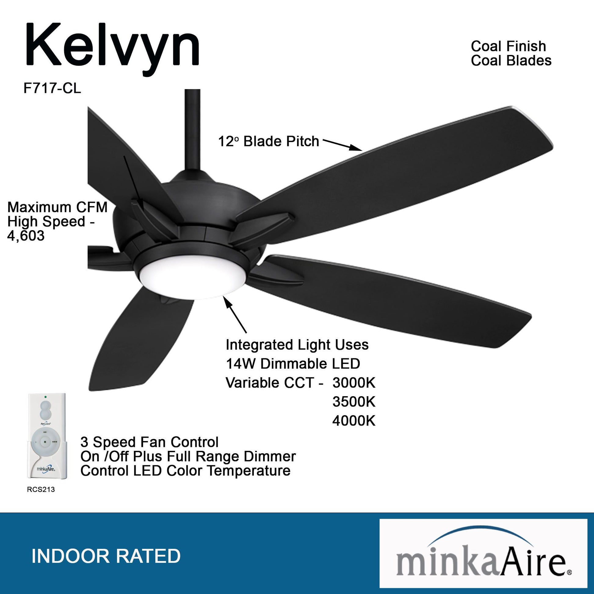 Kelvyn 52" Black Coal Indoor LED Ceiling Fan with Remote Control - Bees Lighting