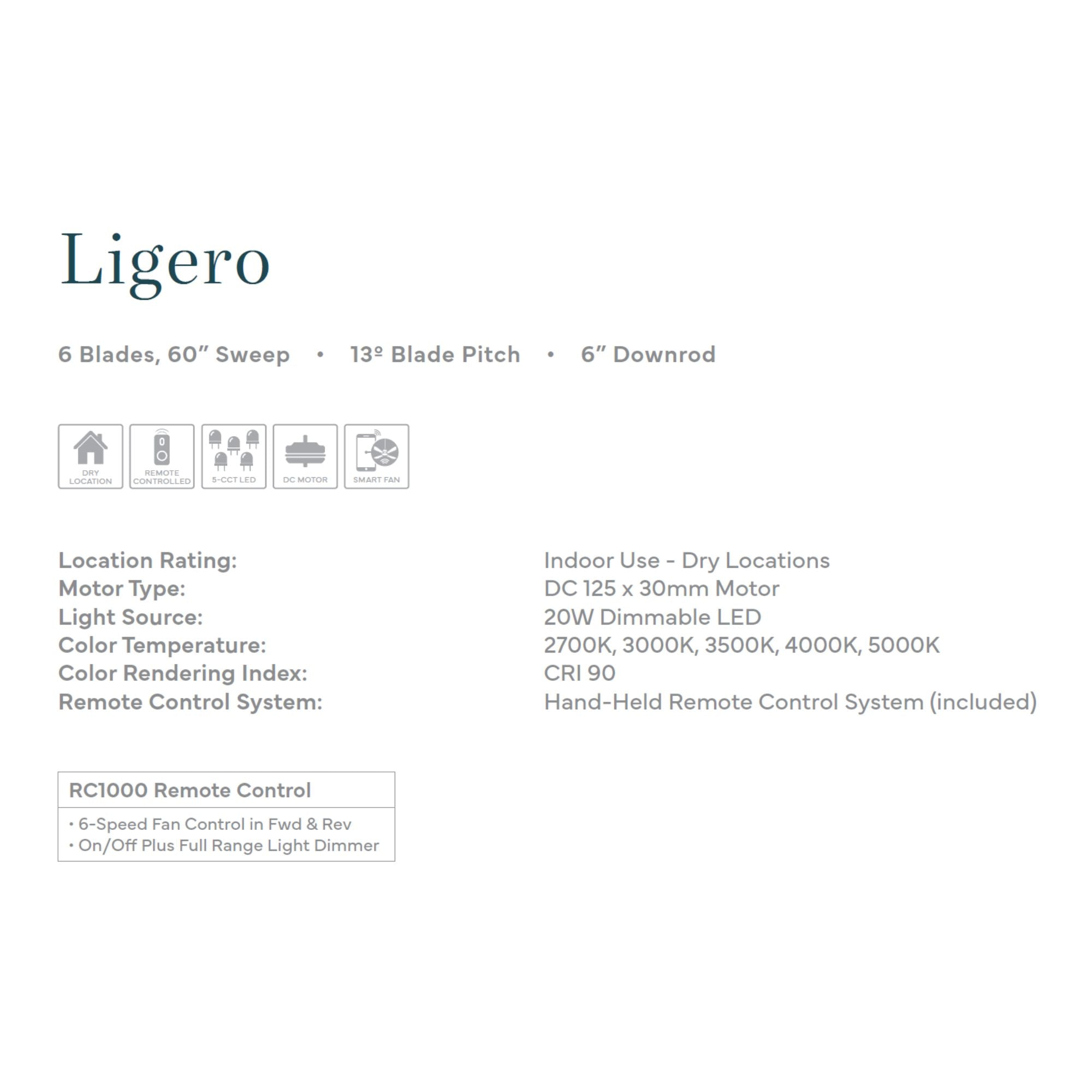 Ligero 60" 5-CCT LED Smart Ceiling Fan, Brushed Nickel with Coal Blades and Clear Glass