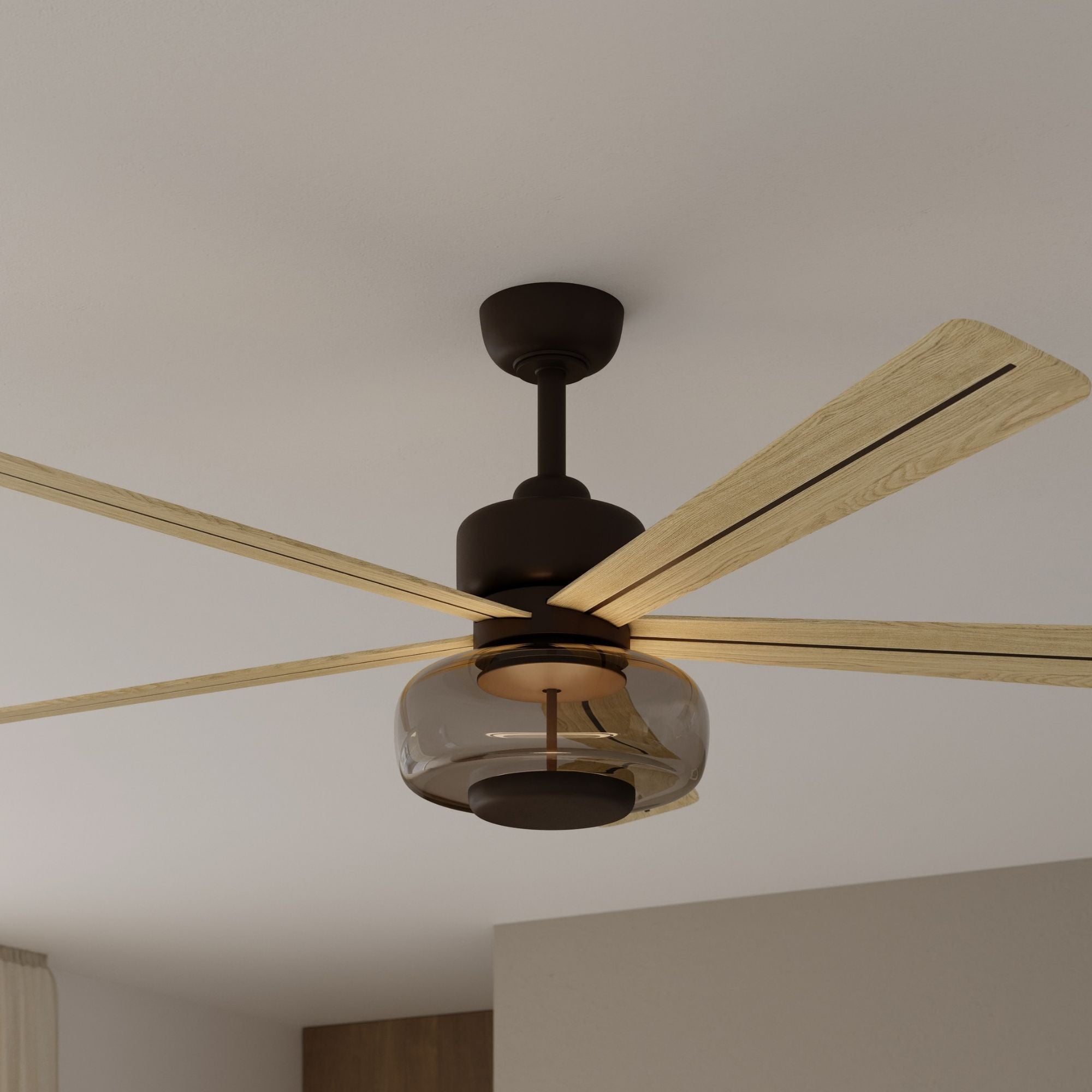 Ligero 60" 5-CCT LED Smart Ceiling Fan, Dark Bronze and White Oak Blades and Brown Smoked Glass