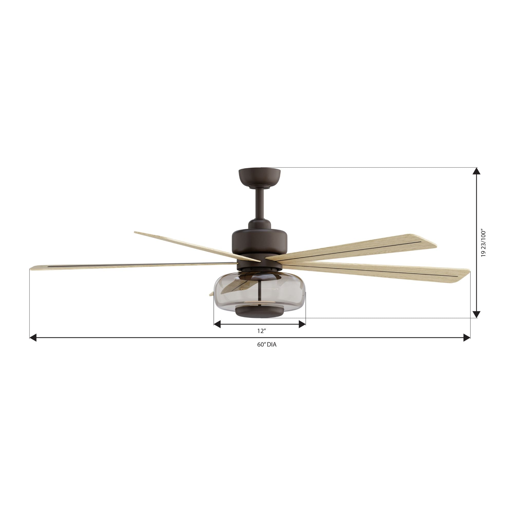 Ligero 60" 5-CCT LED Smart Ceiling Fan, Dark Bronze and White Oak Blades and Brown Smoked Glass