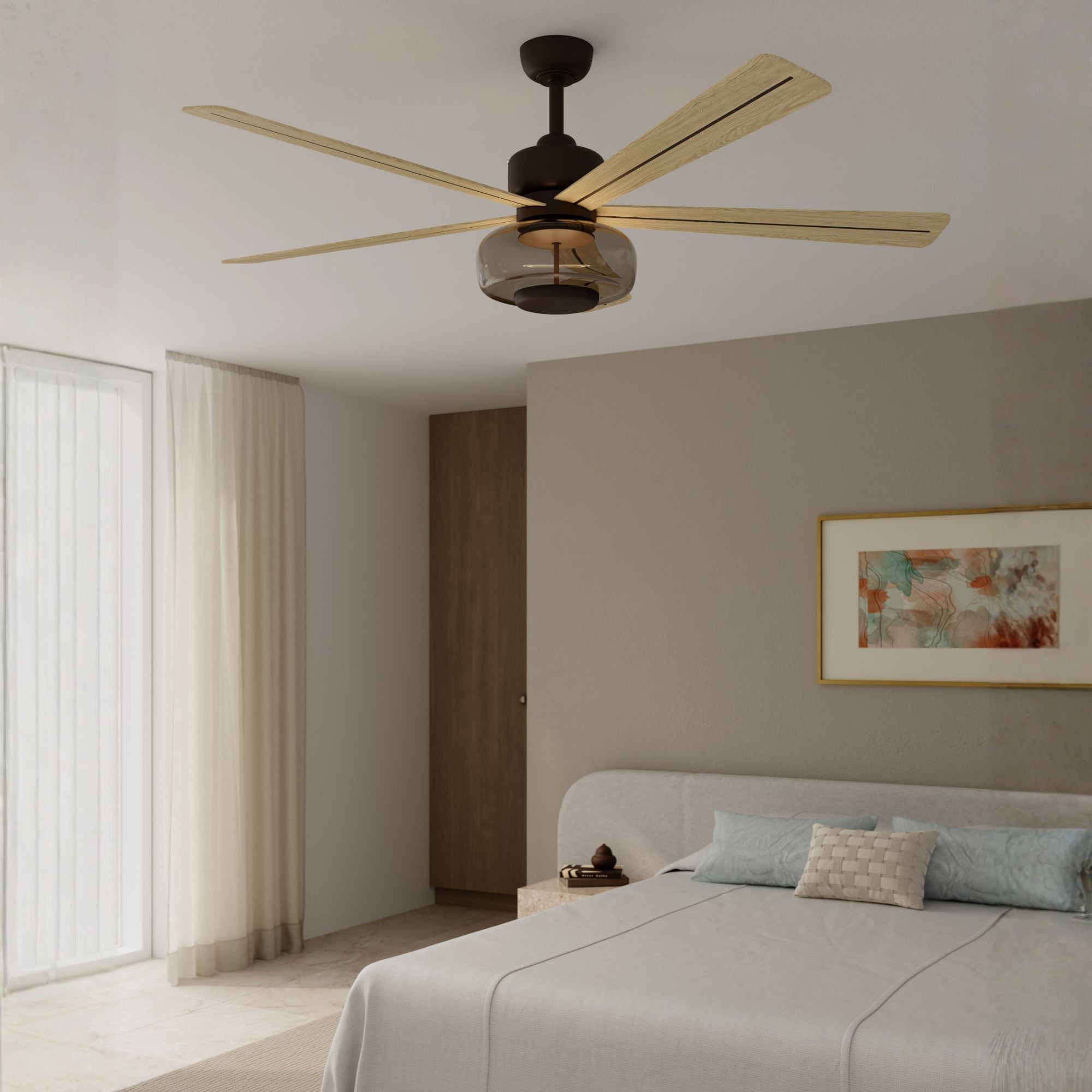 Ligero 60" 5-CCT LED Smart Ceiling Fan, Dark Bronze and White Oak Blades and Brown Smoked Glass
