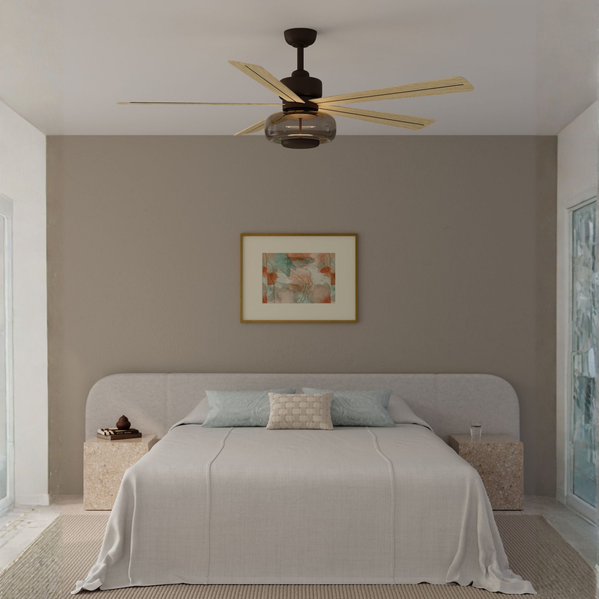 Ligero 60" 5-CCT LED Smart Ceiling Fan, Dark Bronze and White Oak Blades and Brown Smoked Glass