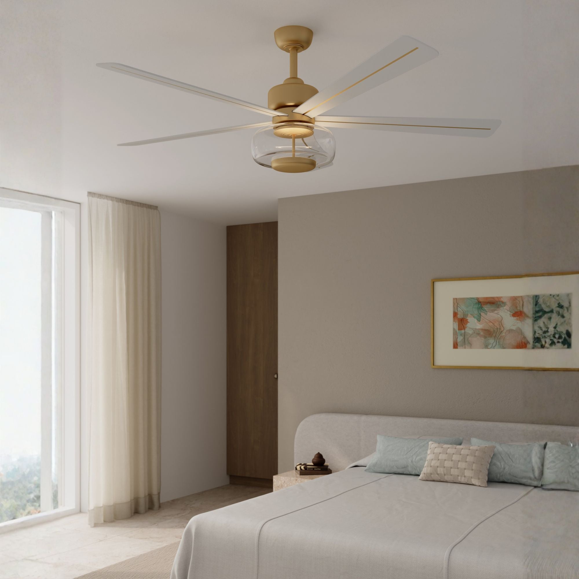 Ligero 60" 5-CCT LED Smart Ceiling Fan, Heritage Brass with Alabaster White Blades and Clear Glass