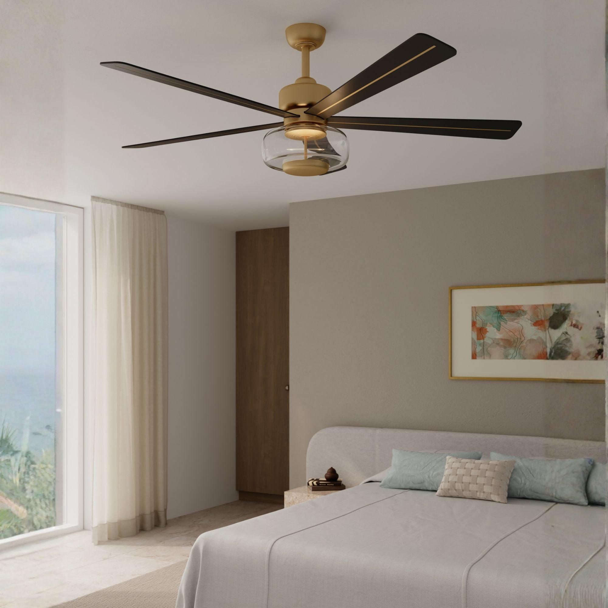 Ligero 60" 5-CCT LED Smart Ceiling Fan, Heritage Brass with Coal Blades and Clear Glass