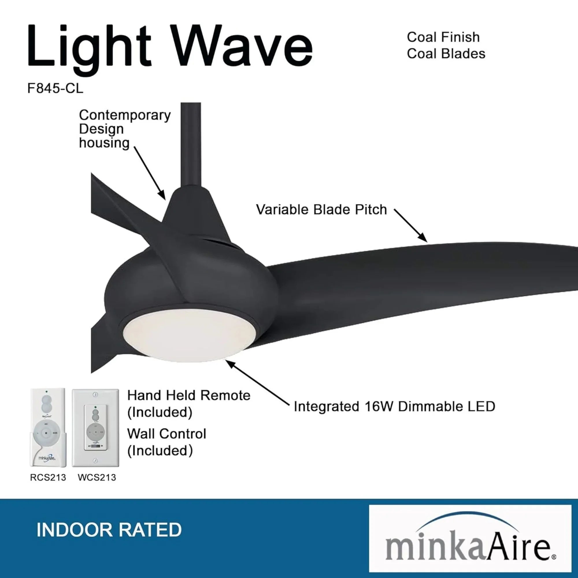 Light Wave LED 44" 3-Blade Black Coal Ceiling Fan with Light and Remote