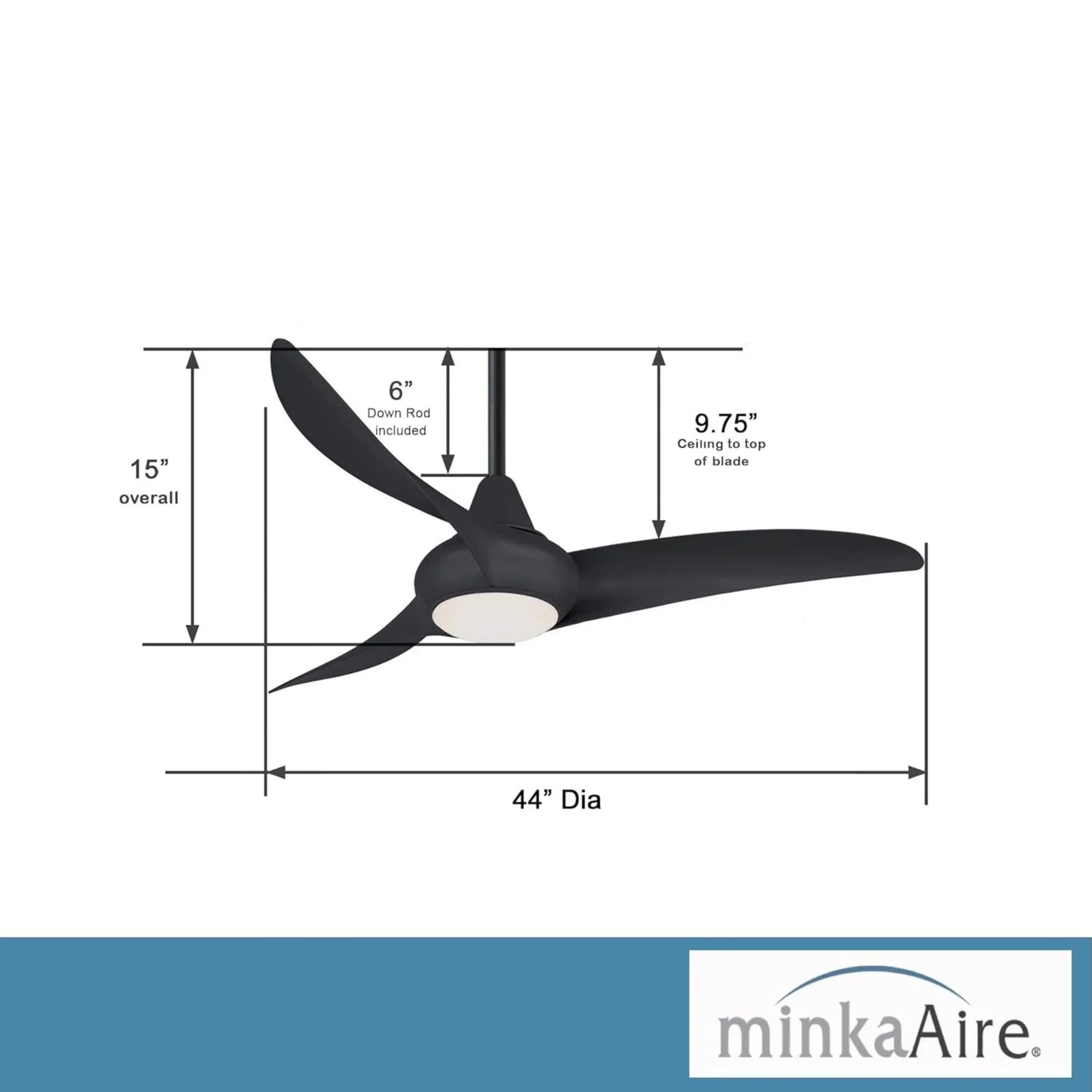 Light Wave LED 44" 3-Blade Black Coal Ceiling Fan with Light and Remote