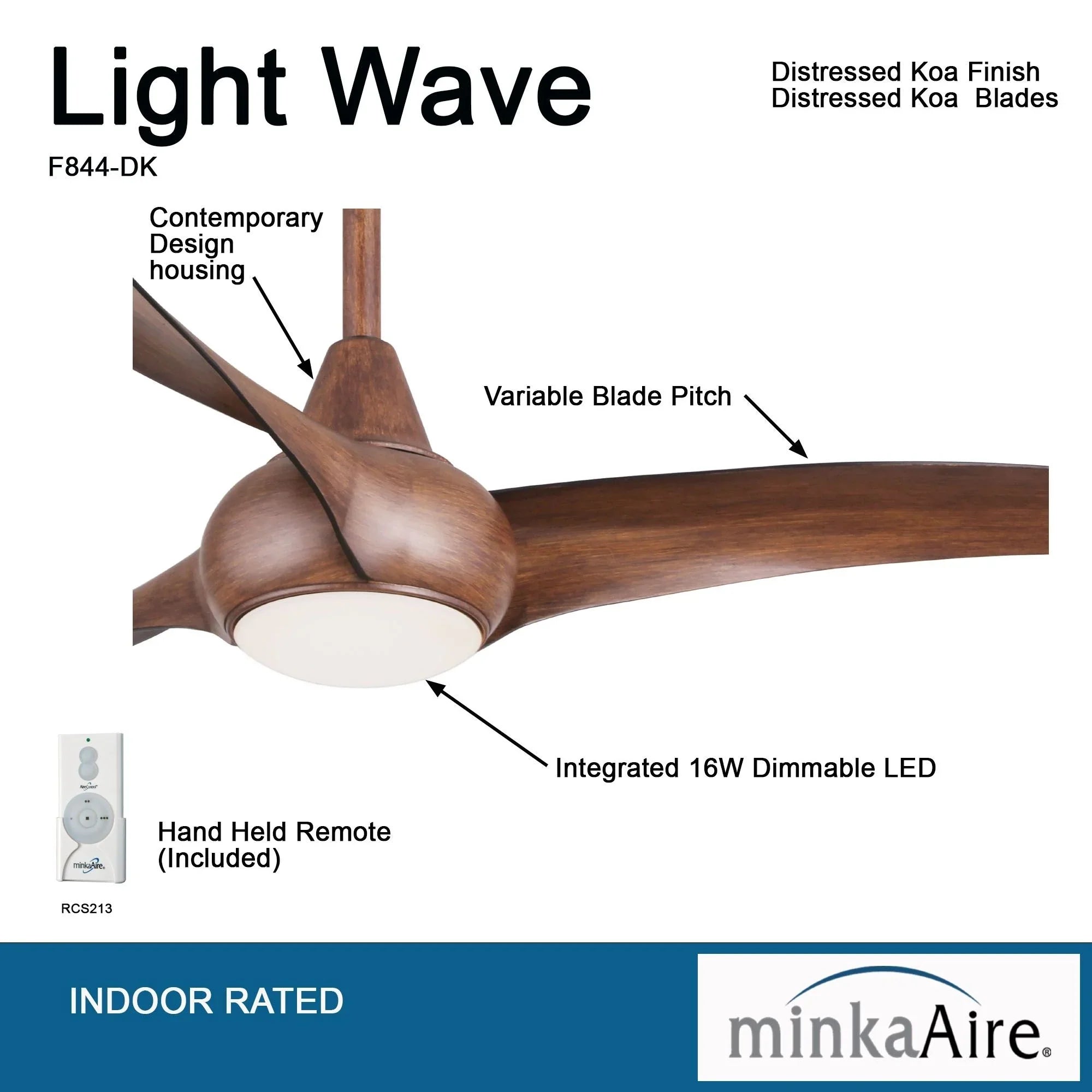 Light Wave LED 52" Distressed Koa Modern Ceiling Fan with Light and Remote