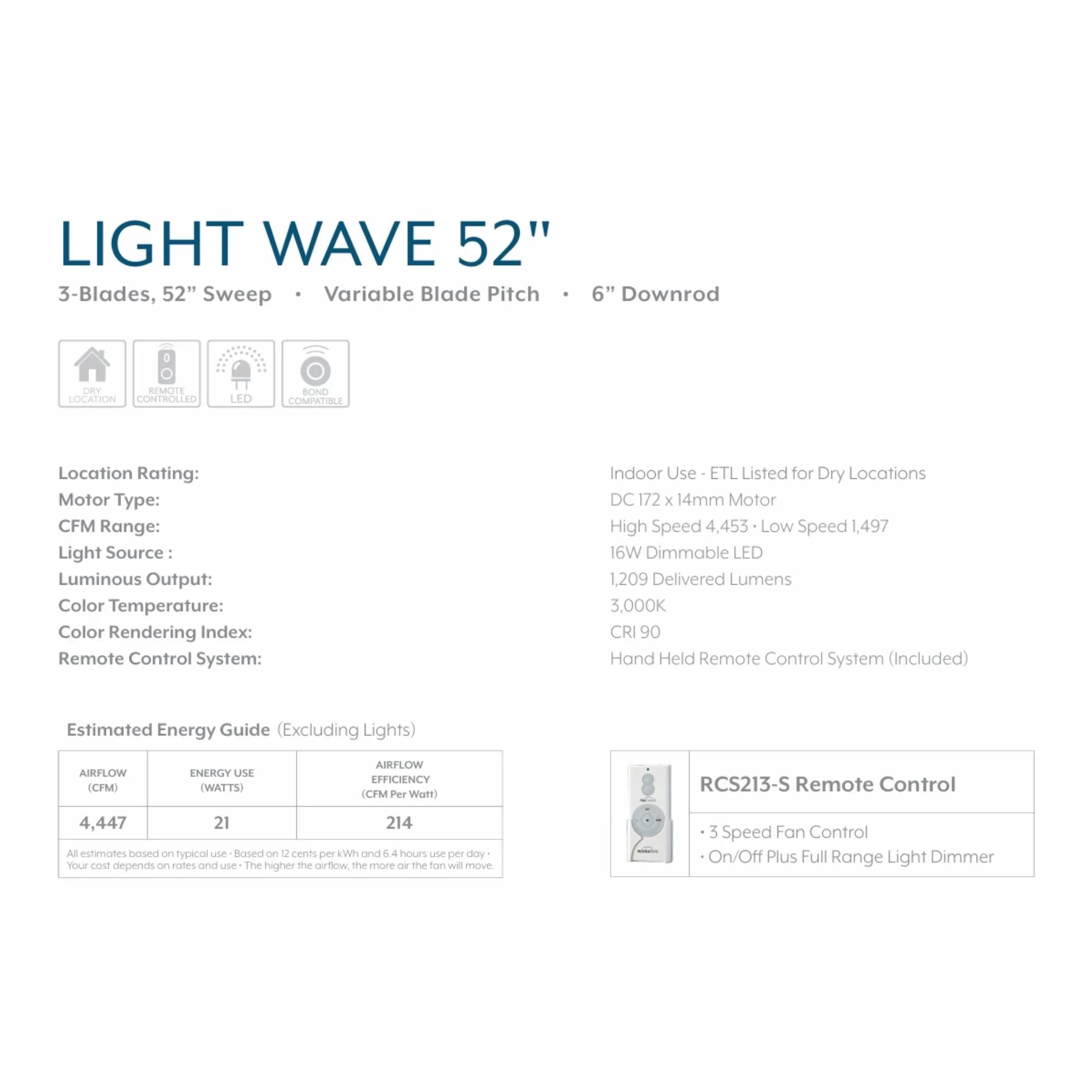 Light Wave LED 52" White Modern Ceiling Fan with Light and Remote