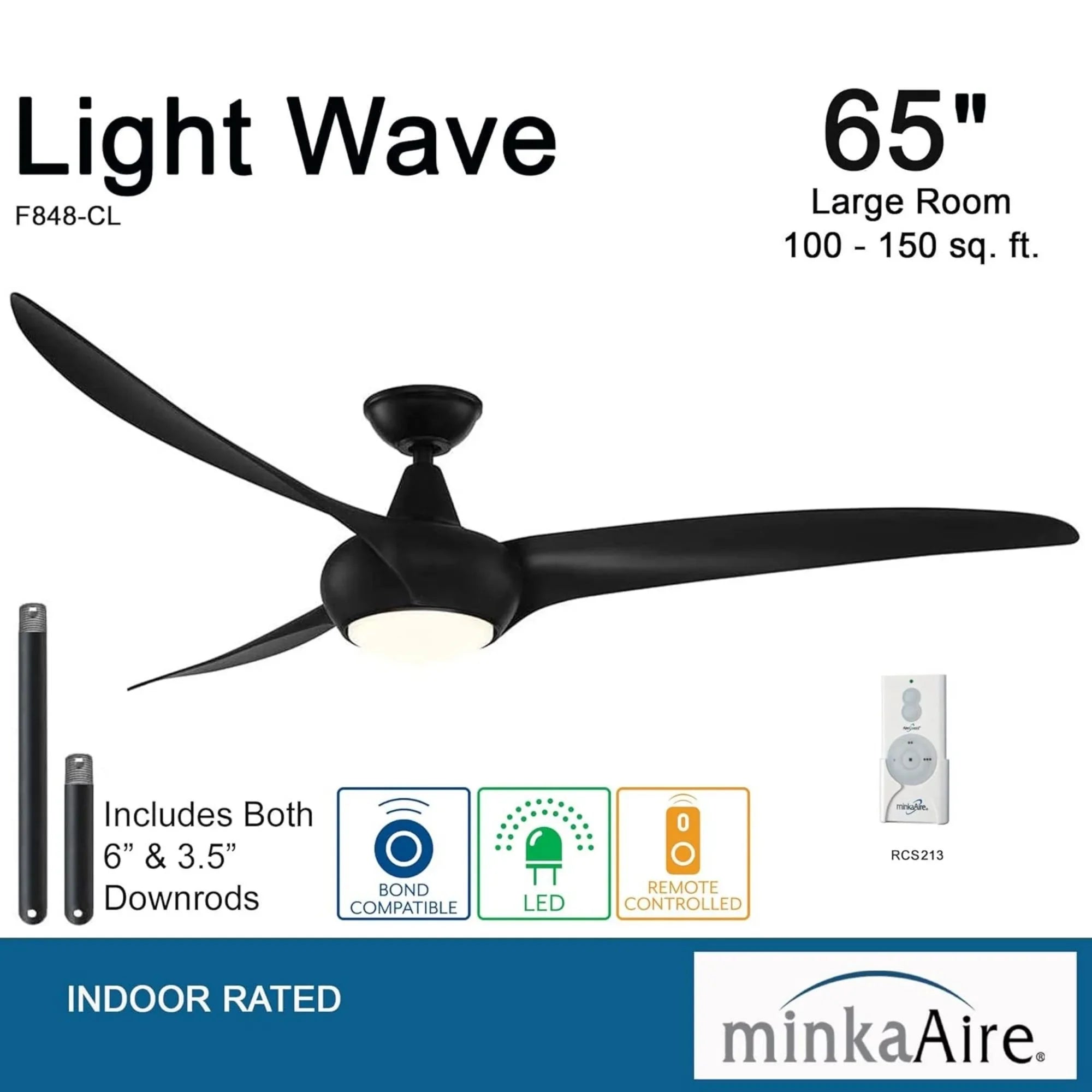 Light Wave LED 65" Black Coal Large Ceiling Fan with Light and Remote
