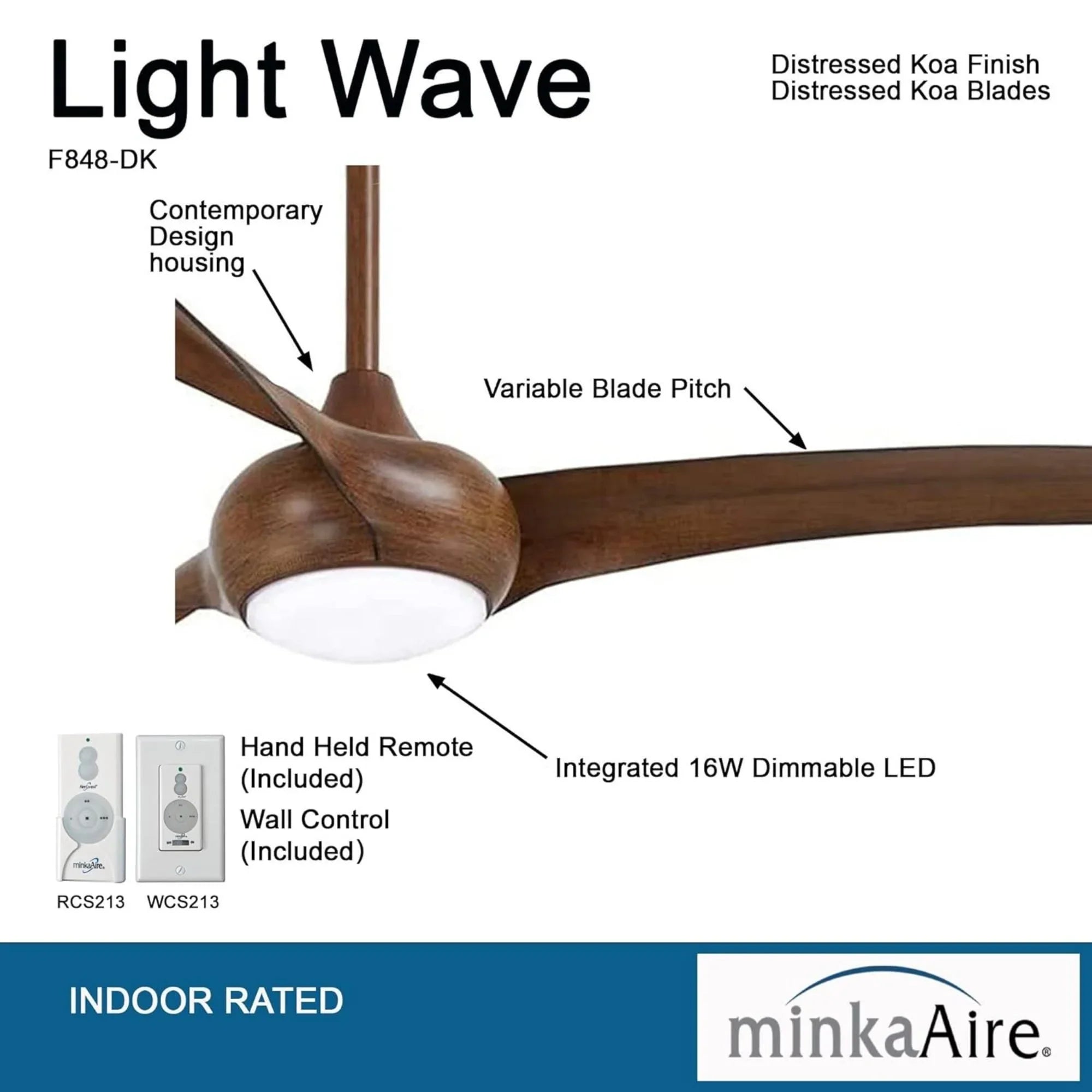 Light Wave LED 65" Distressed Koa Large Ceiling Fan with Light and Remote