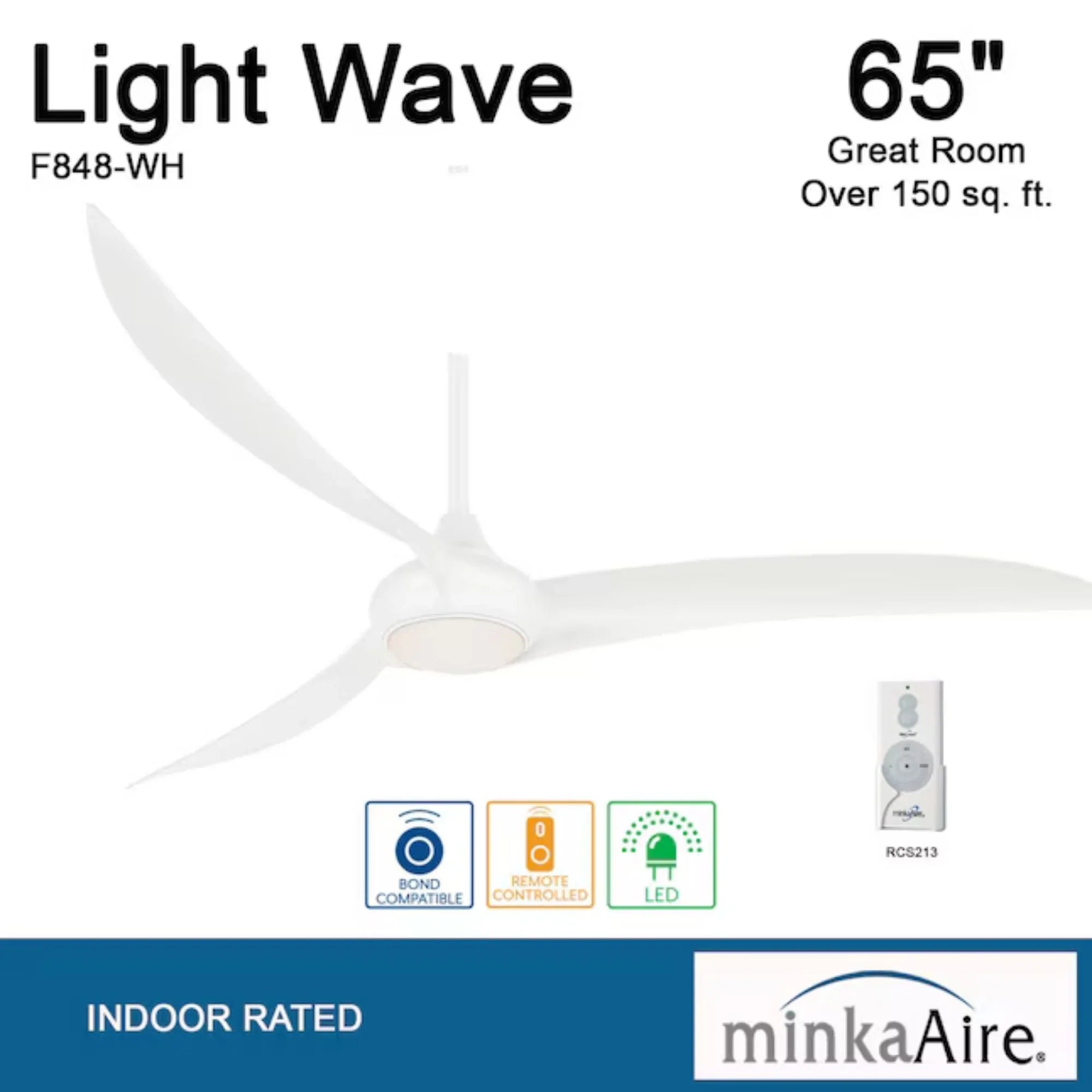 Light Wave LED 65" White Large Ceiling Fan with Light and Remote