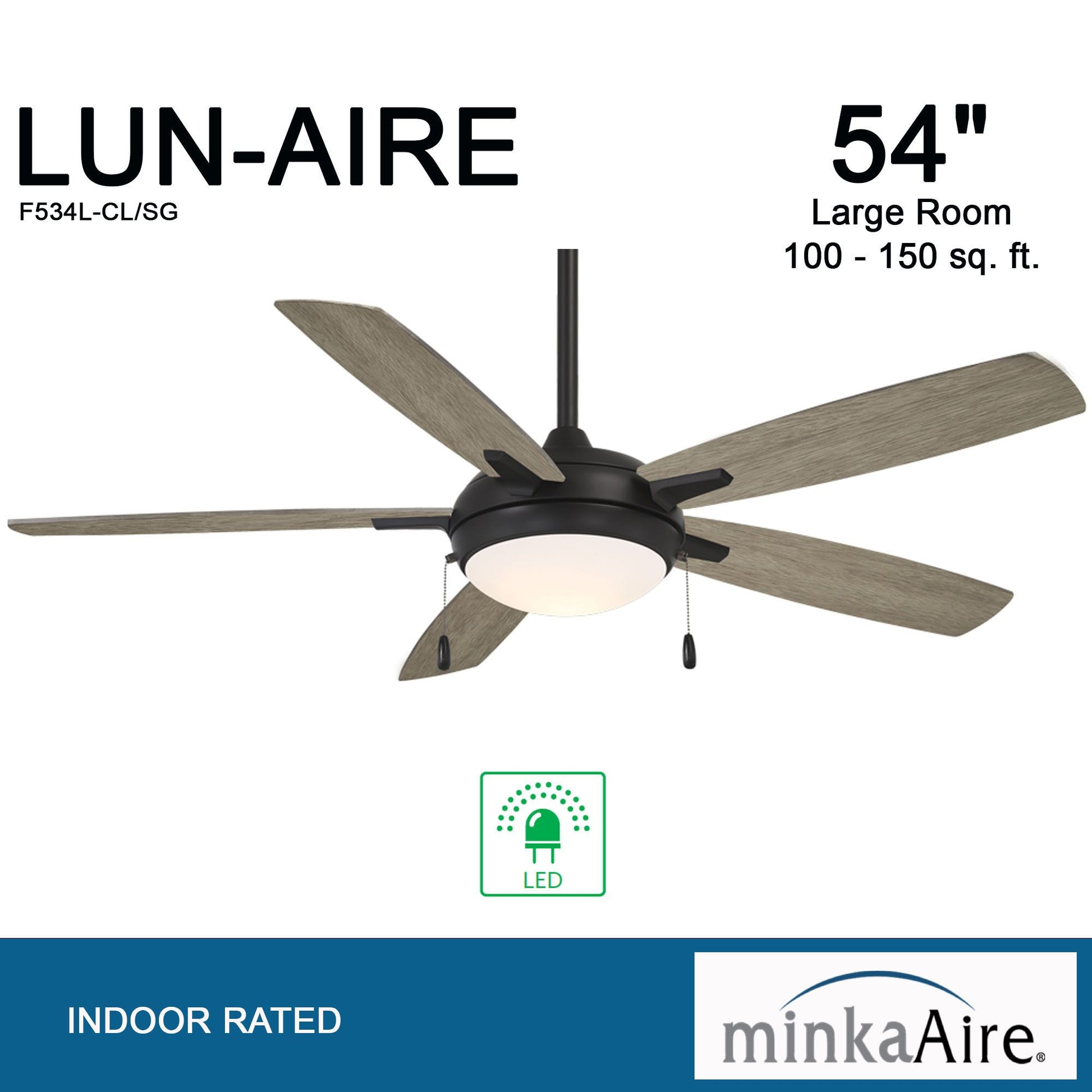 Lun-Aire LED 54" Black Coal & Seashore Grey Ceiling Fan with Pull Chain - Bees Lighting