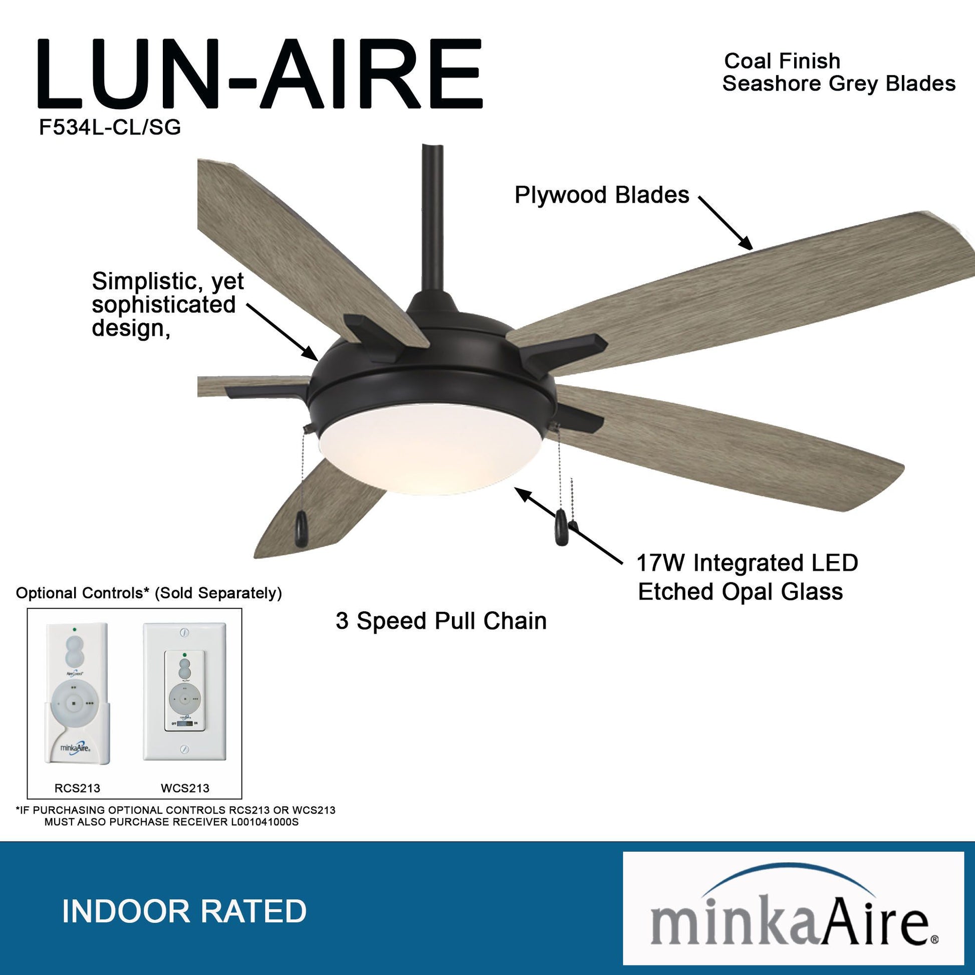 Lun-Aire LED 54" Black Coal & Seashore Grey Ceiling Fan with Pull Chain - Bees Lighting
