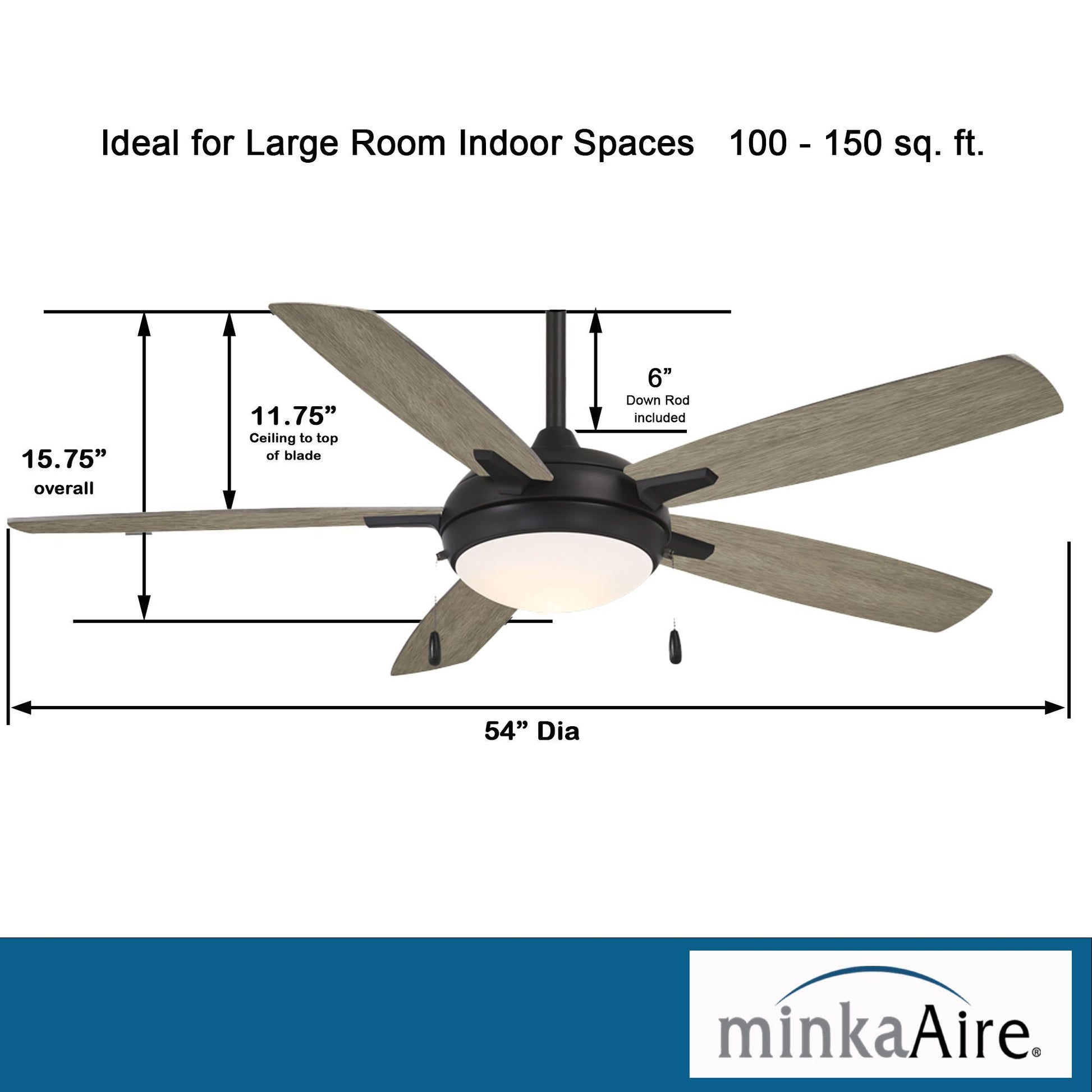 Lun-Aire LED 54" Black Coal & Seashore Grey Ceiling Fan with Pull Chain - Bees Lighting