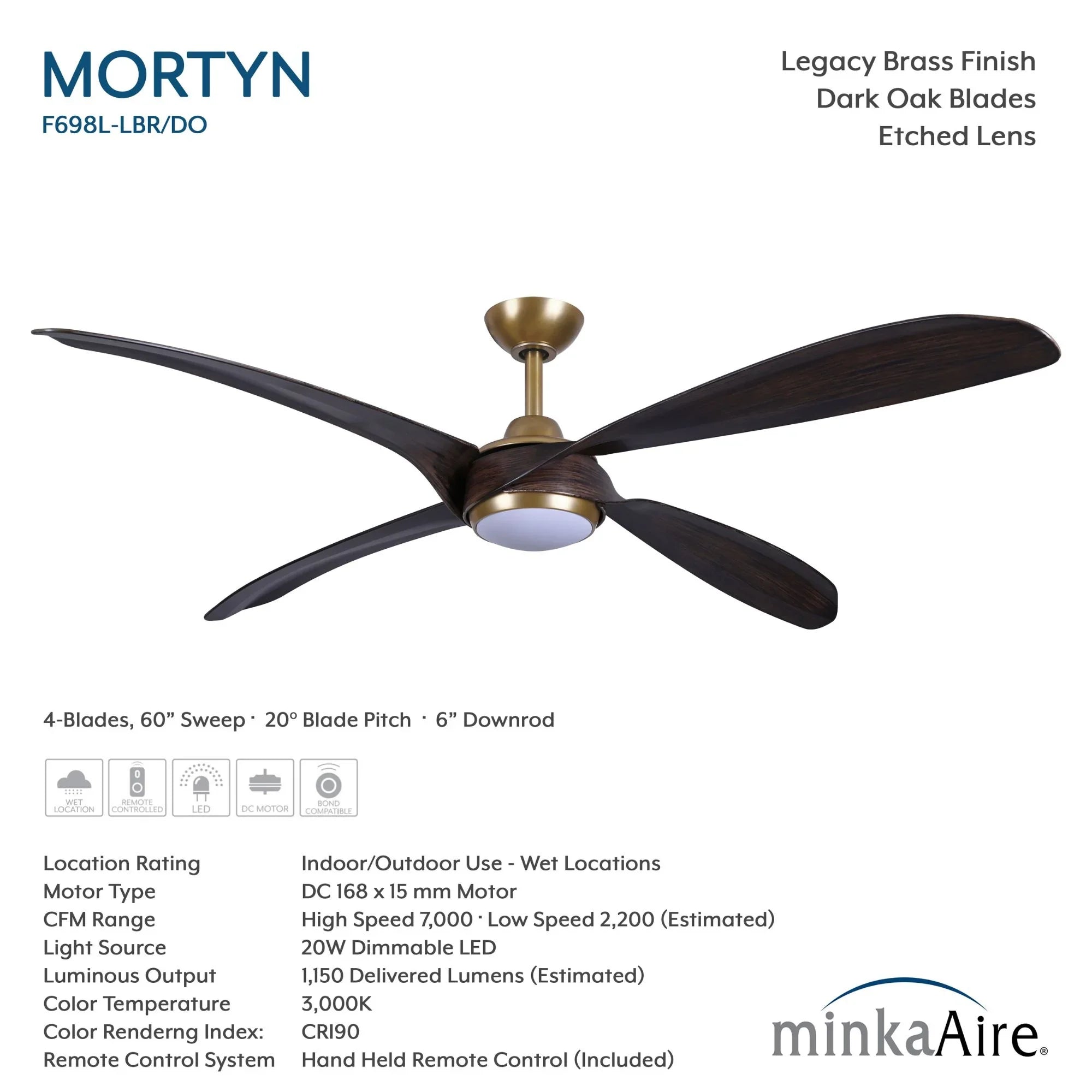 Mortyn 60" Indoor/Outdoor LED Ceiling Fan, Legacy Brass