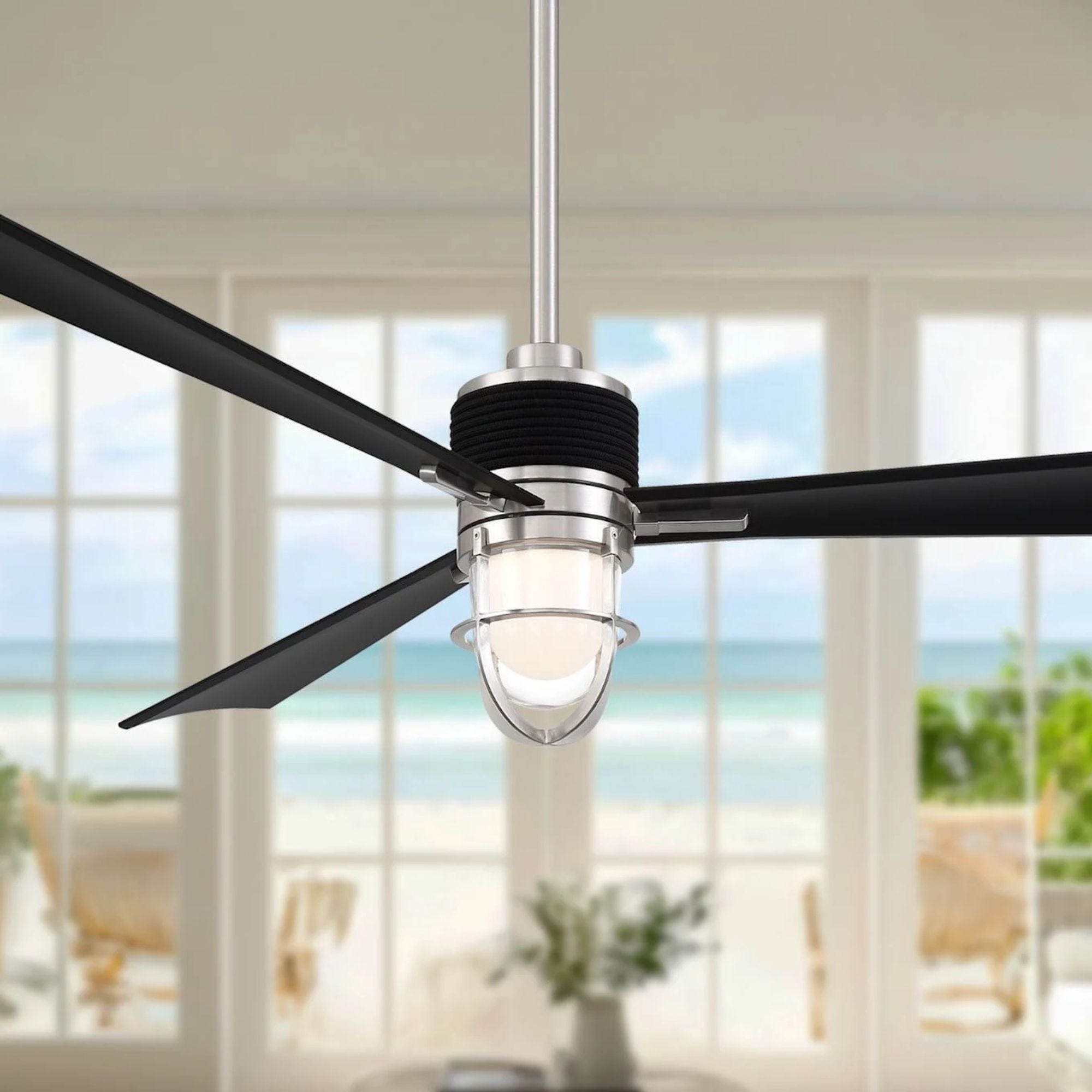 Nauticus 65" LED Smart Ceiling Fan, Brushed Nickel Wet With Coal Blades