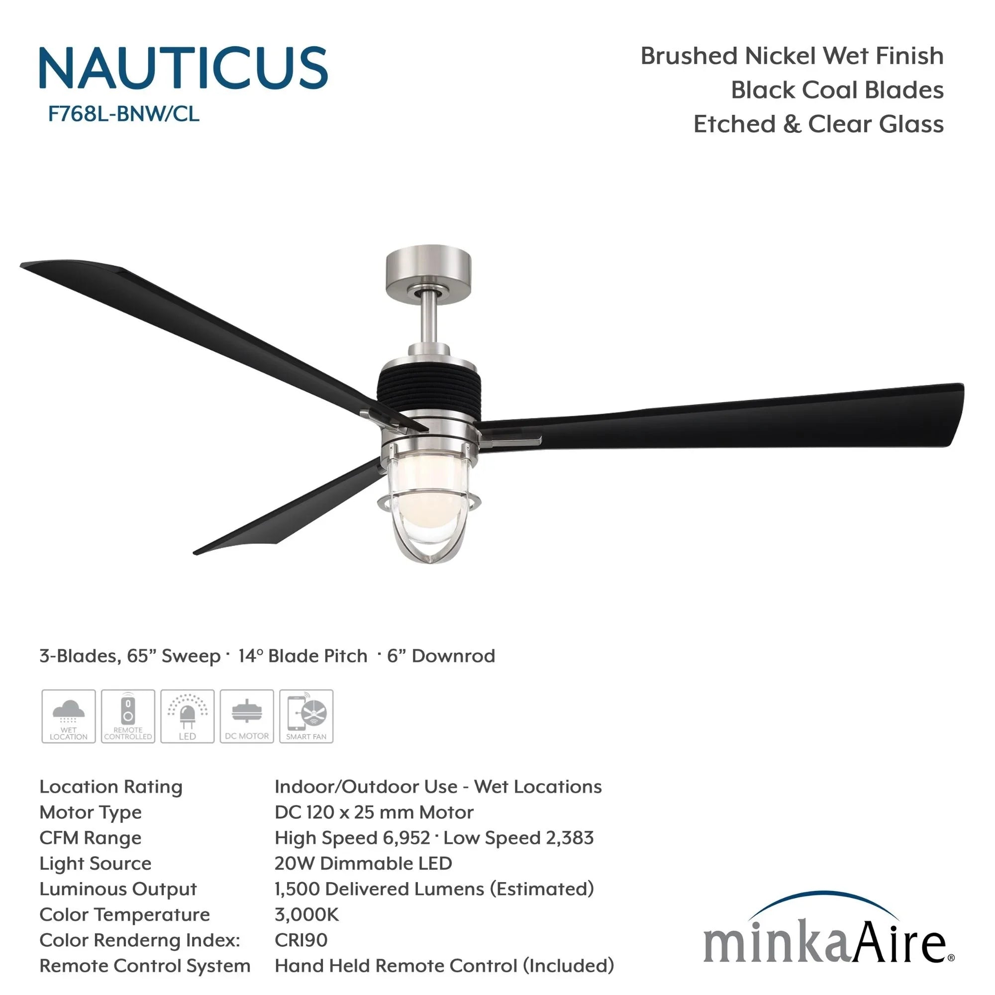 Nauticus 65" LED Smart Ceiling Fan, Brushed Nickel Wet with Coal Blades