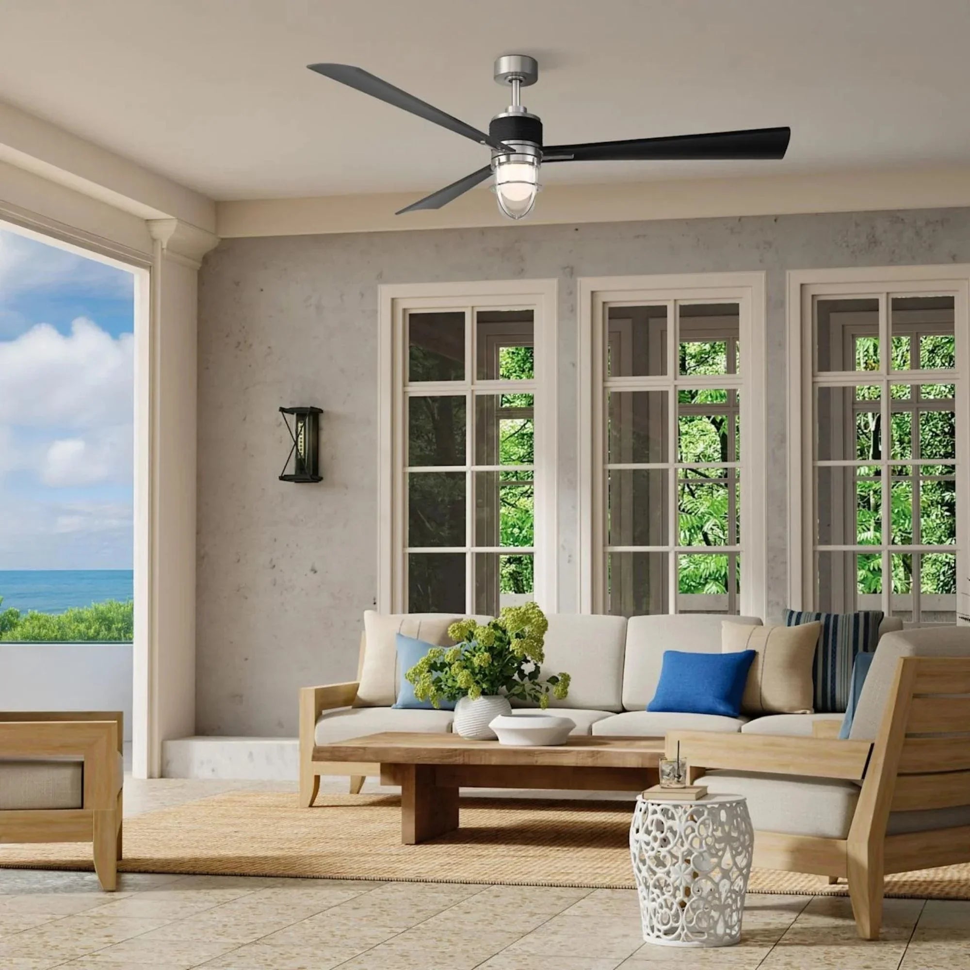 Nauticus 65" LED Smart Ceiling Fan, Brushed Nickel Wet with Coal Blades