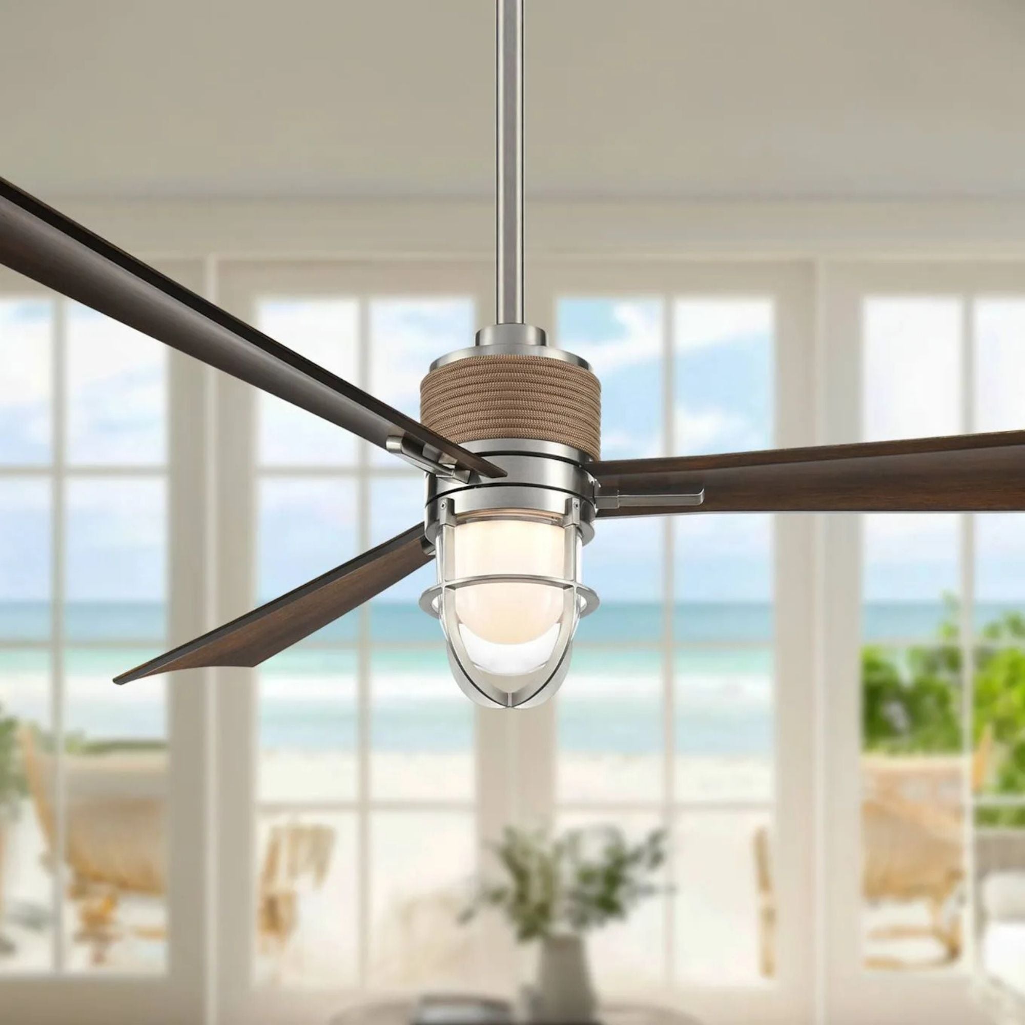 Nauticus 65" LED Smart Ceiling Fan, Brushed Nickel Wet With Distressed Koa Blades