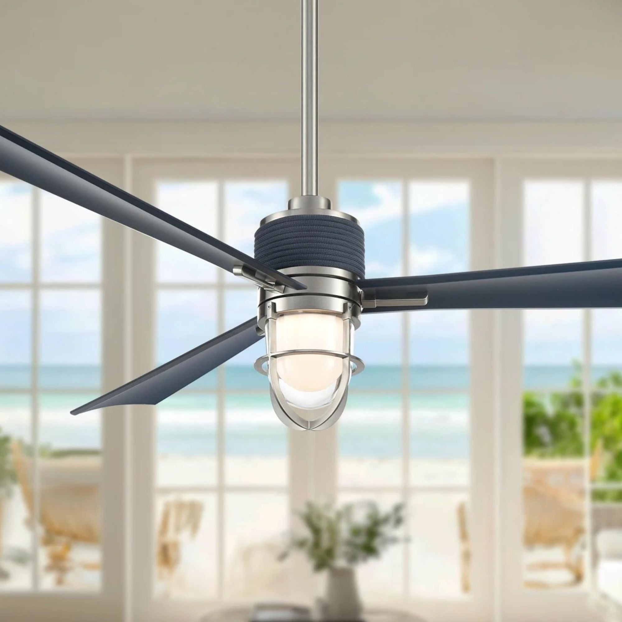 Nauticus 65" LED Smart Ceiling Fan, Brushed Nickel Wet With Navy Blades