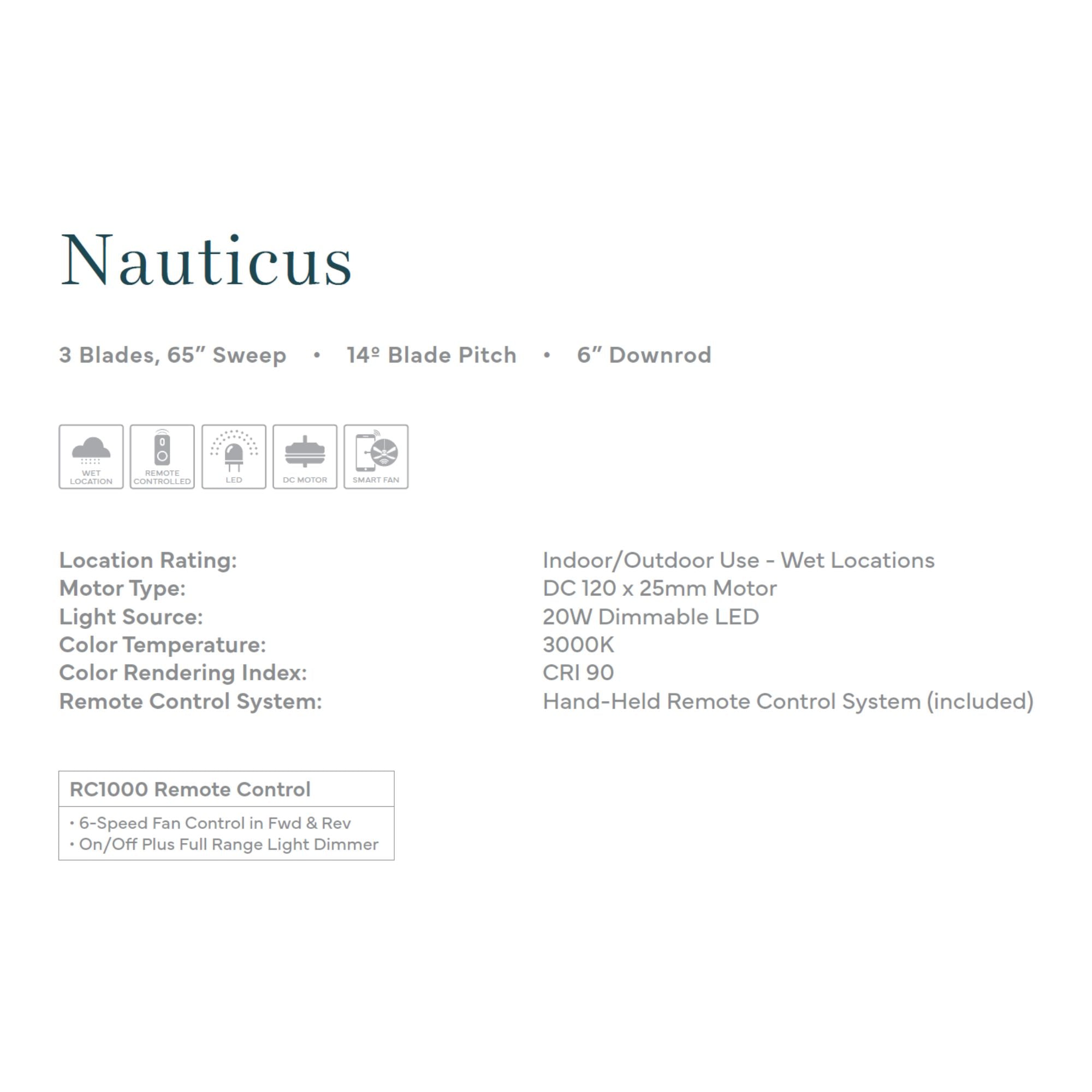 Nauticus 65" LED Smart Ceiling Fan, Legacy Brass with Navy Blue Blades