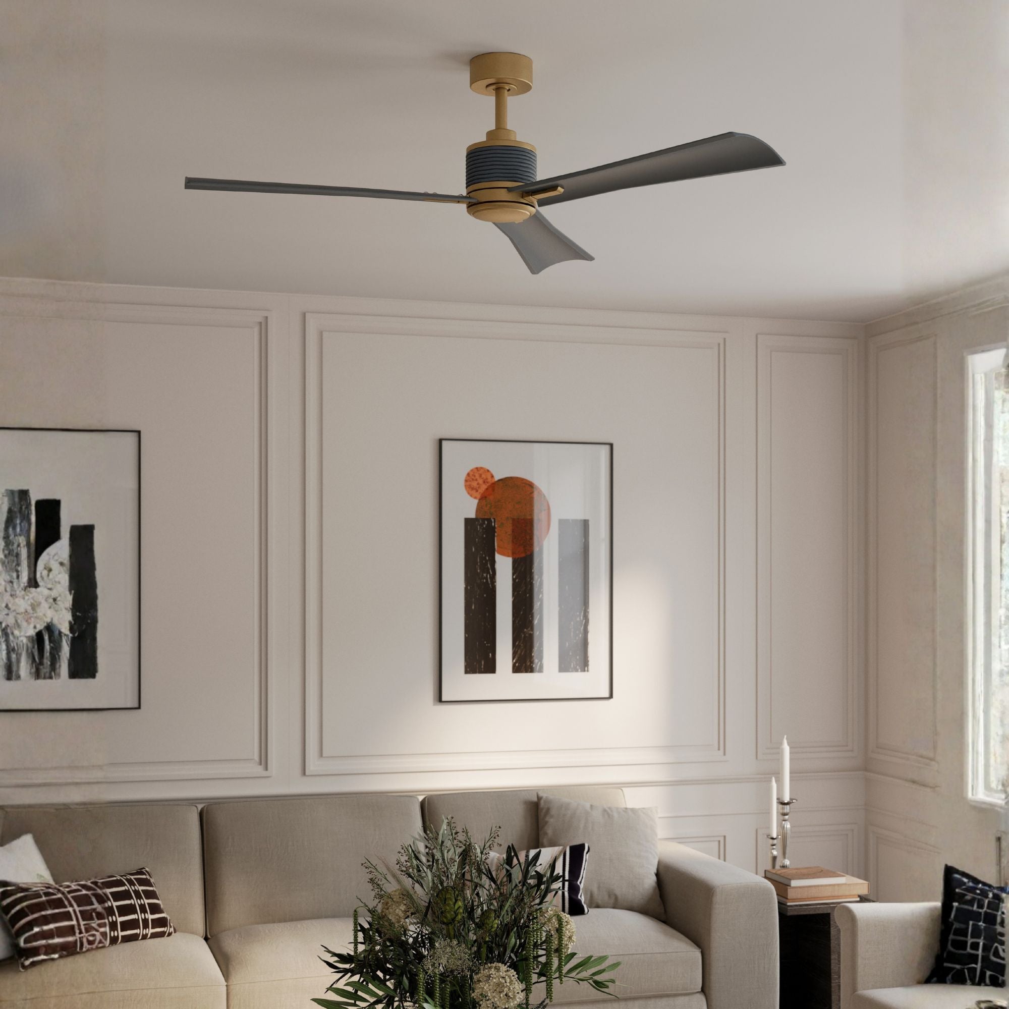 Nauticus 65" LED Smart Ceiling Fan, Legacy Brass with Navy Blue Blades