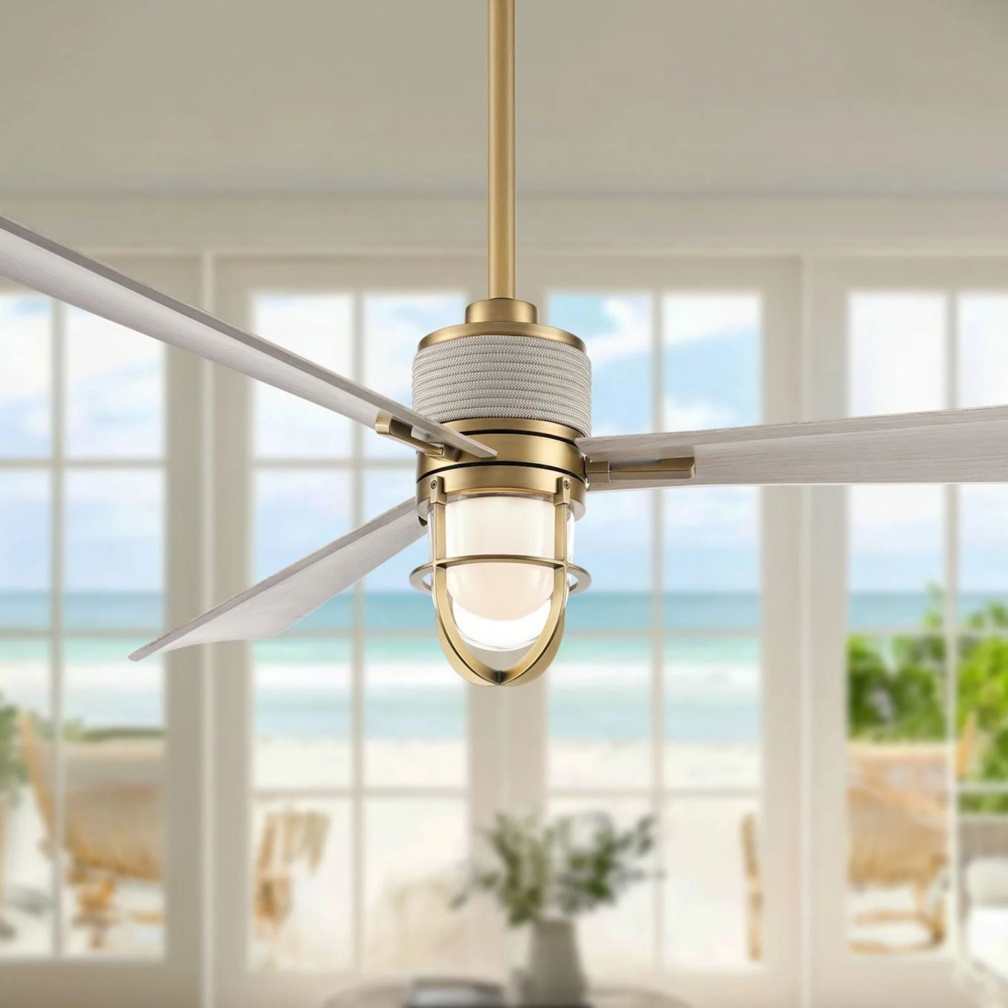 Nauticus 65" LED Smart Ceiling Fan, Legacy Brass With Warm Coastal Driftwood Blades