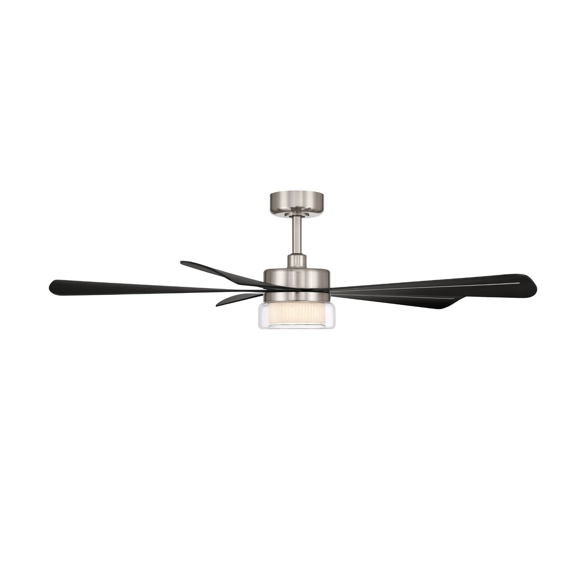 Brushed nickel ceiling fan housing with black blades and LED light