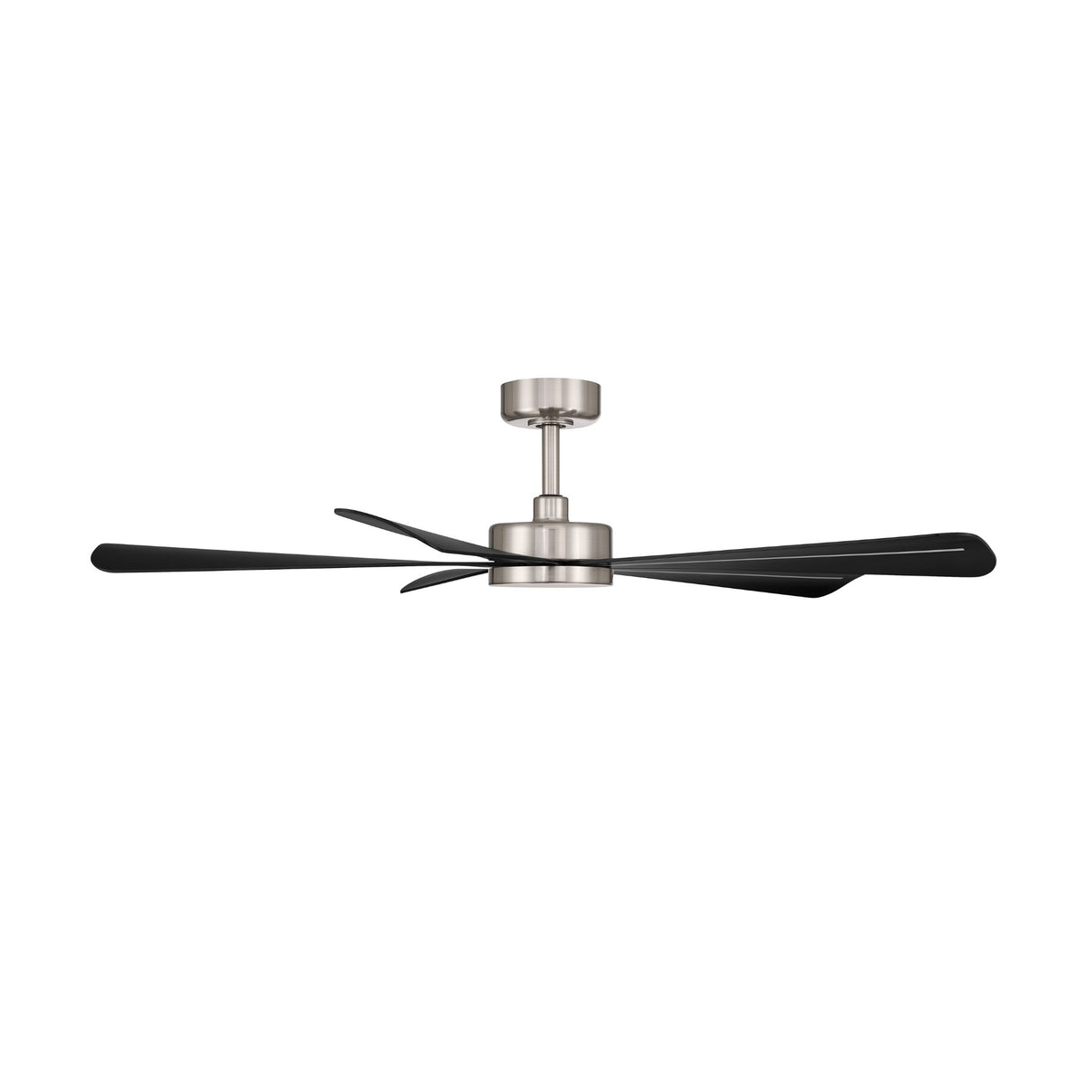 Ceiling fan with brushed nickel mount, black blades, and LED light fixture