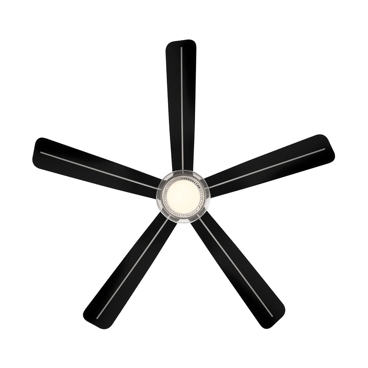 Top view of brushed nickel ceiling fan with black blades and round LED light