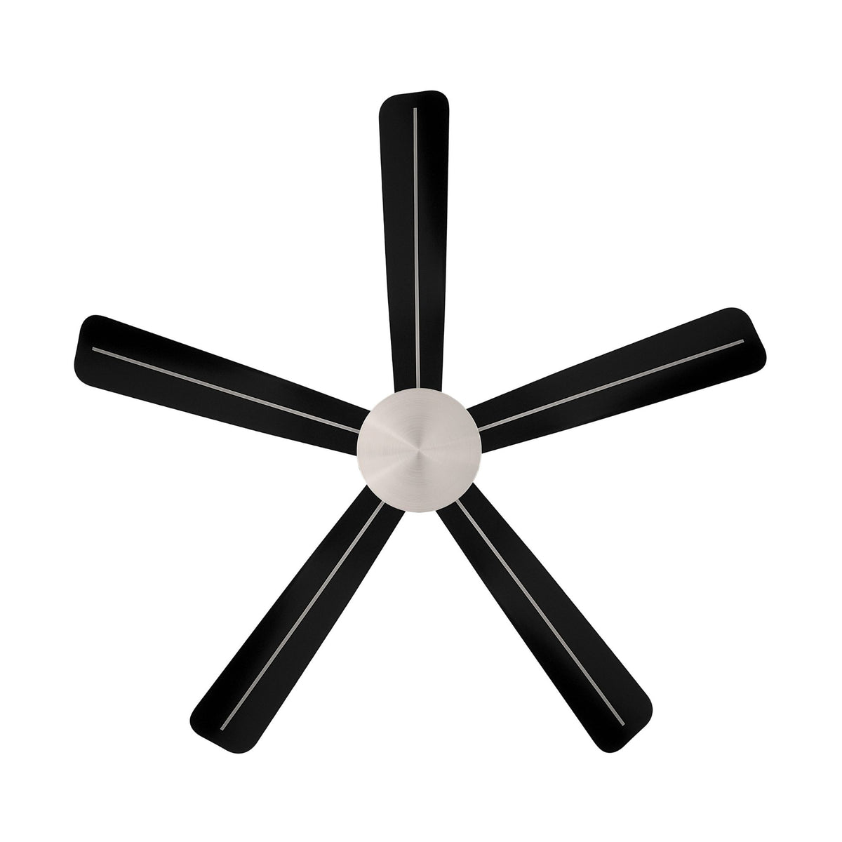 Top view of brushed nickel ceiling fan with black blades and central light housing