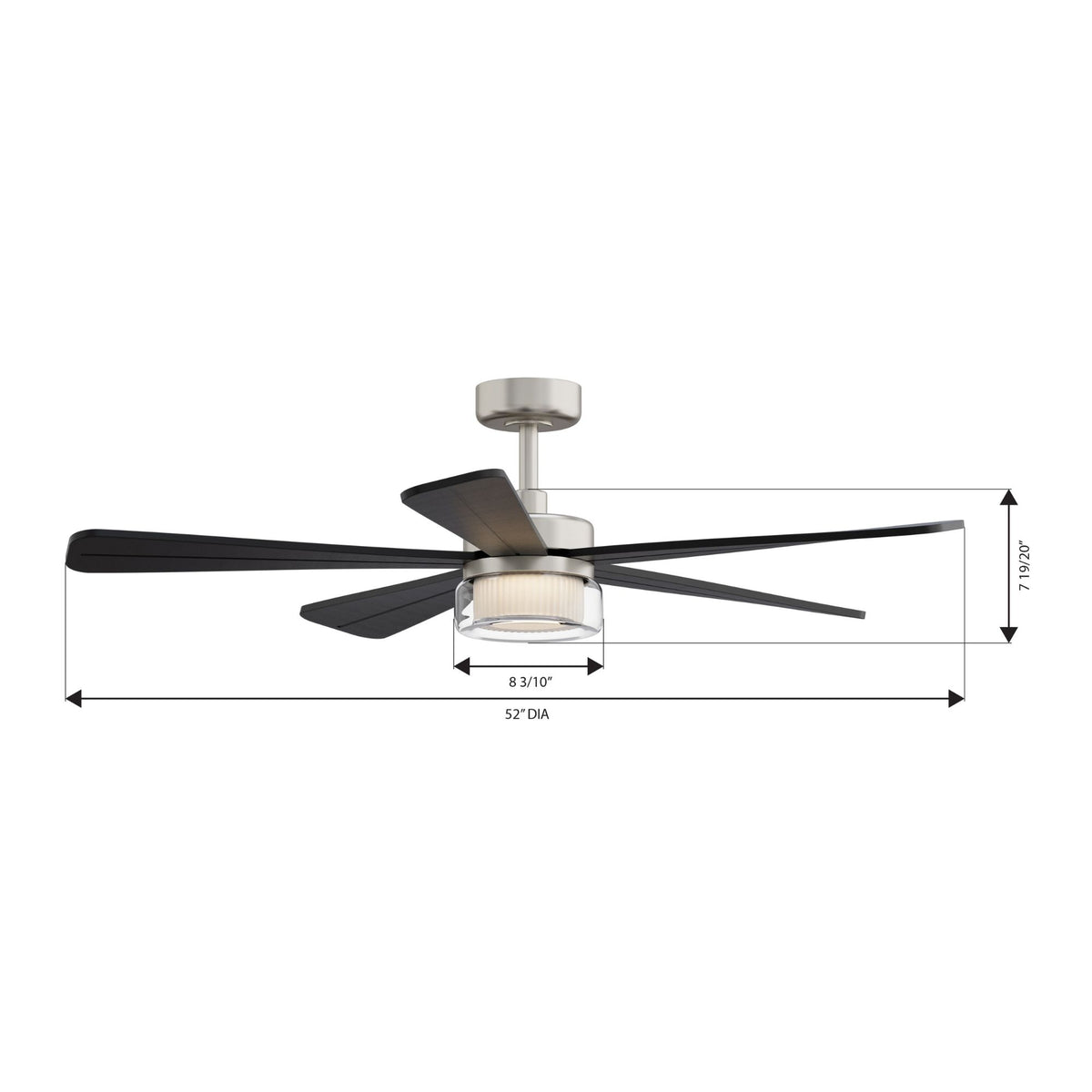52-inch smart ceiling fan with LED light, brushed nickel housing and five dark blades