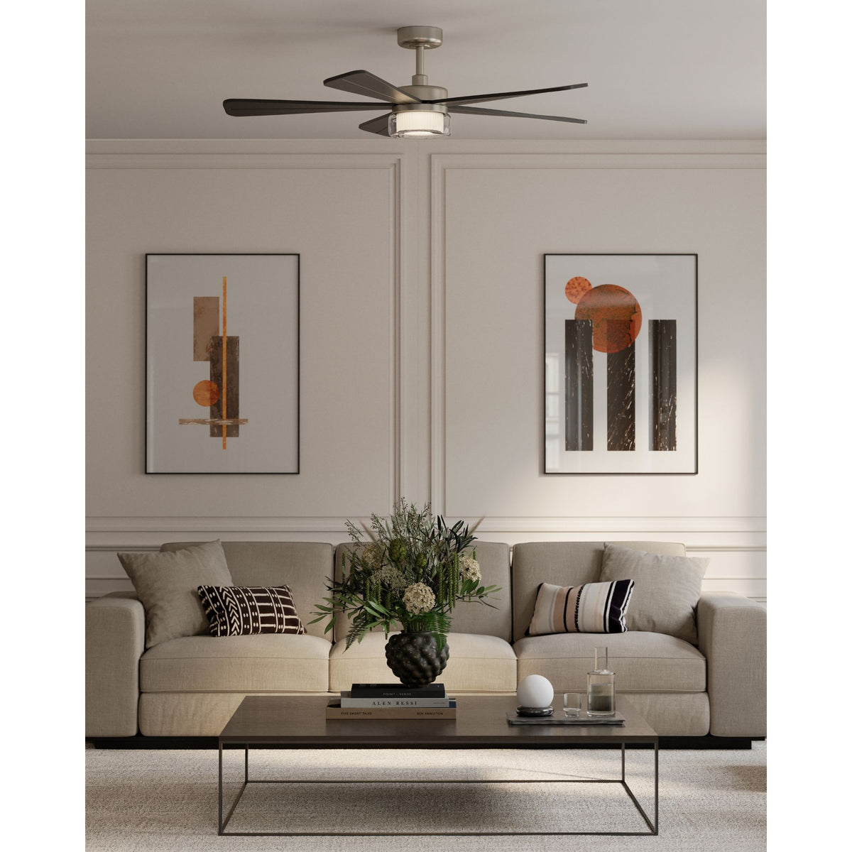 Smart ceiling fan with LED light, brushed nickel canopy and five dark blades