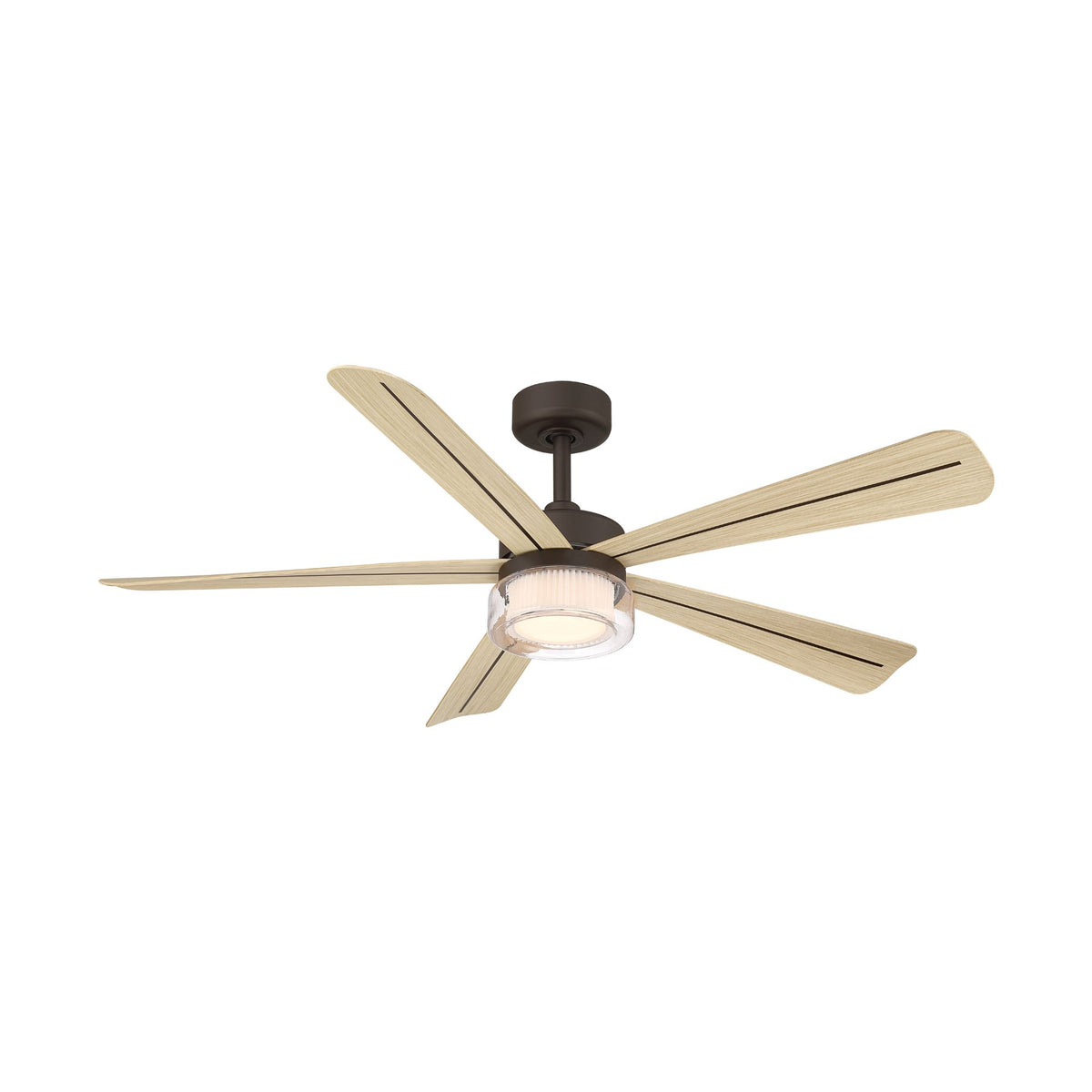 Dark bronze ceiling fan with 5 light wood blades and LED light kit at center