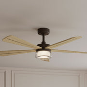 Ceiling-mounted dark bronze fan with 5 light wood blades and LED light globe