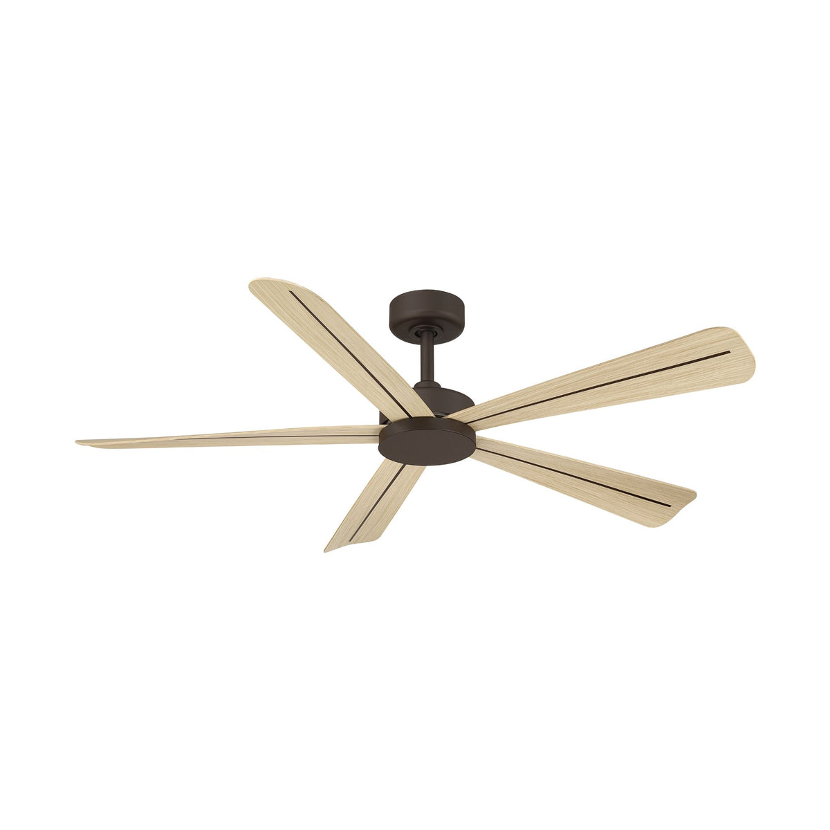 Dark bronze ceiling fan with 5 light wood blades and central LED light