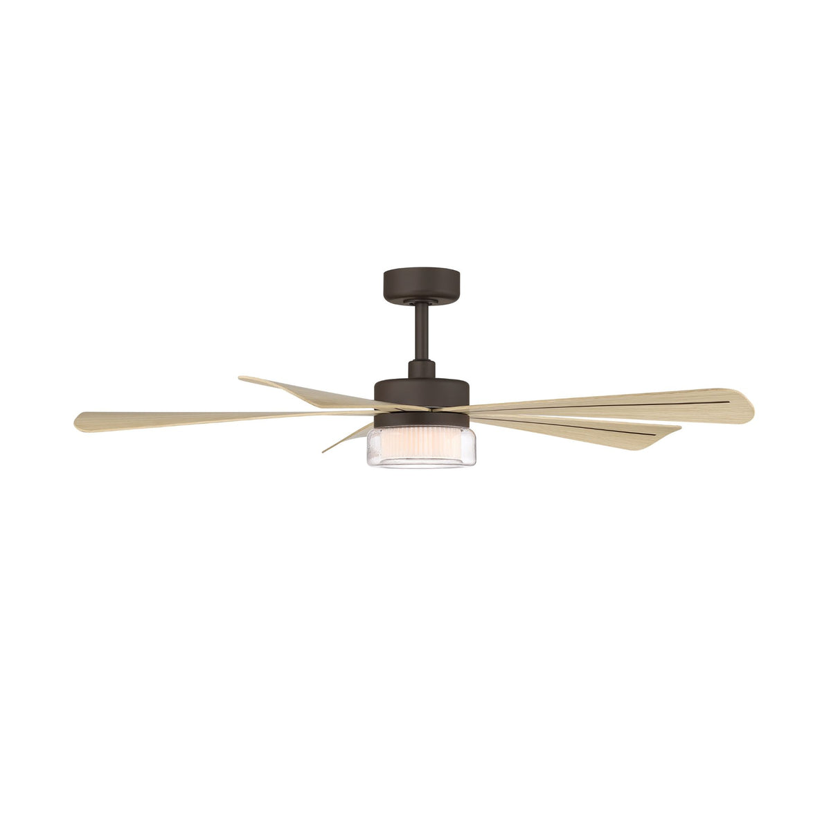Angle view of dark bronze ceiling fan with 5 light wood blades and LED light