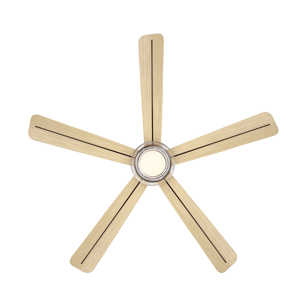 Top view of dark bronze ceiling fan with 5 light wood blades and round LED diffuser