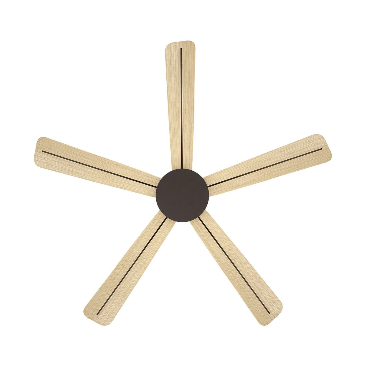 Center hub and 5 light wood blades on dark bronze ceiling fan with LED