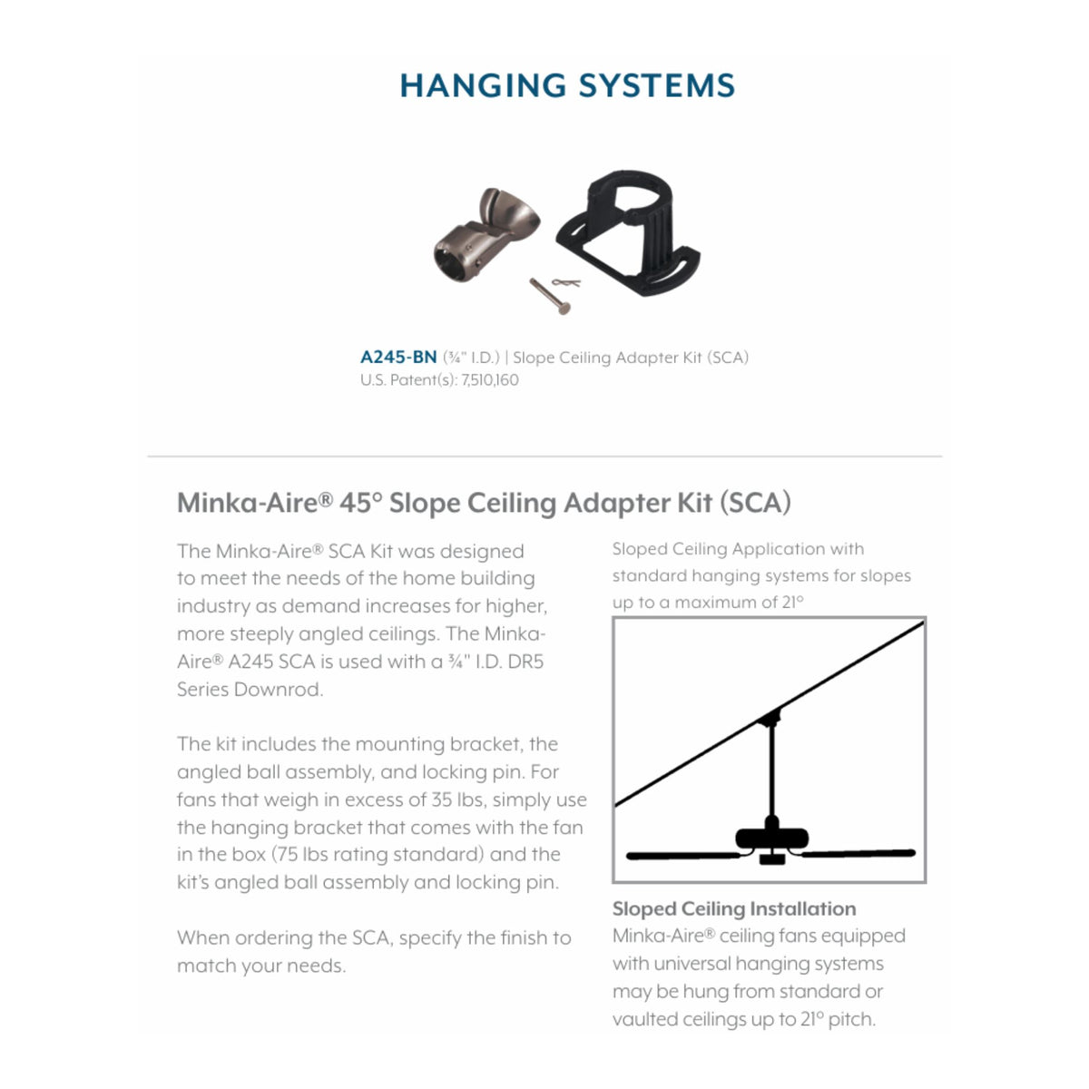 Slope ceiling adapter kit with mounting bracket and hardware, dark finish