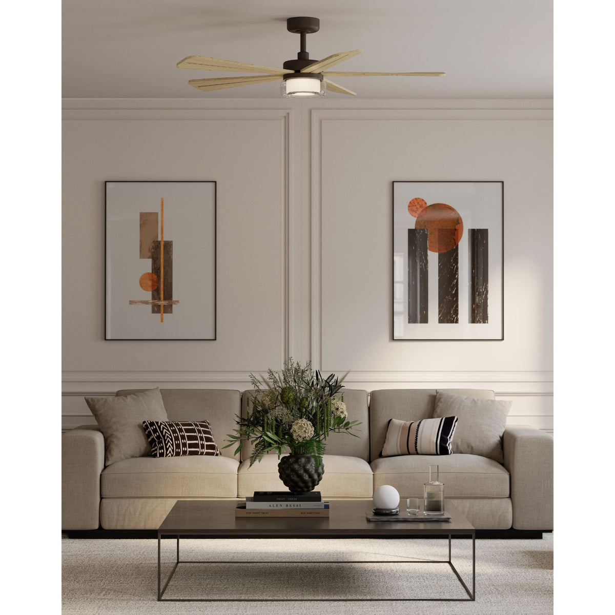 Ceiling-mounted dark bronze smart ceiling fan with five blades and LED light