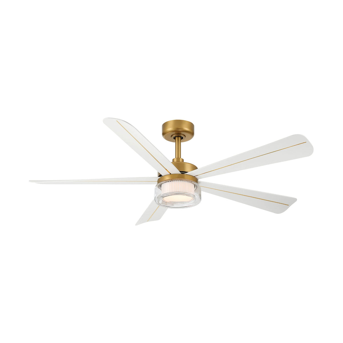 Brass 52-inch ceiling fan with five white blades and frosted LED light housing