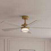 Brass ceiling fan with white blades and frosted LED light, shown from low angle