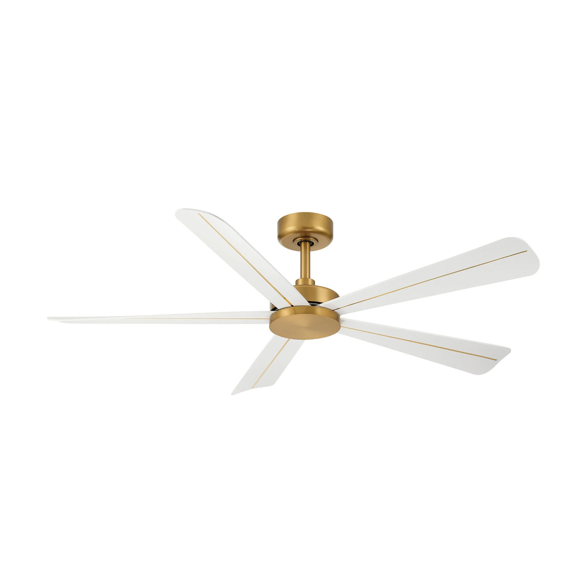 Brass 52-inch ceiling fan with five white blades and frosted LED light, centered view